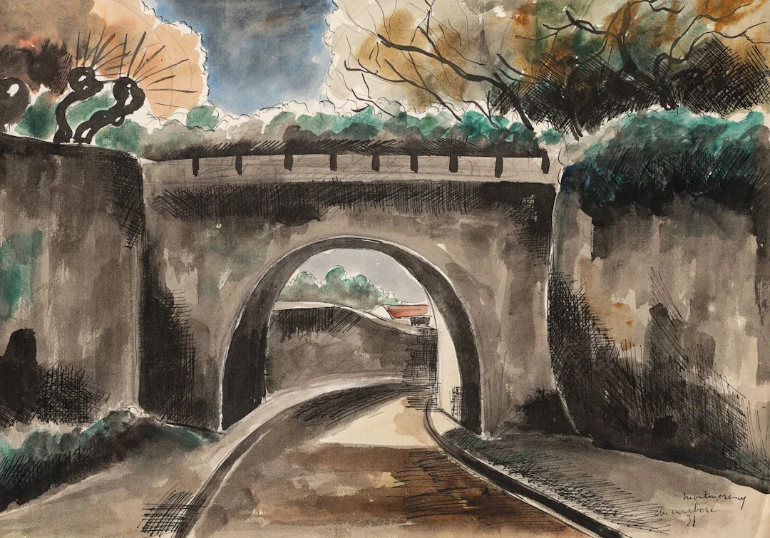 J. MARBORÉ (1896–1934), A scene of a bridge with vegetation in Montmorency