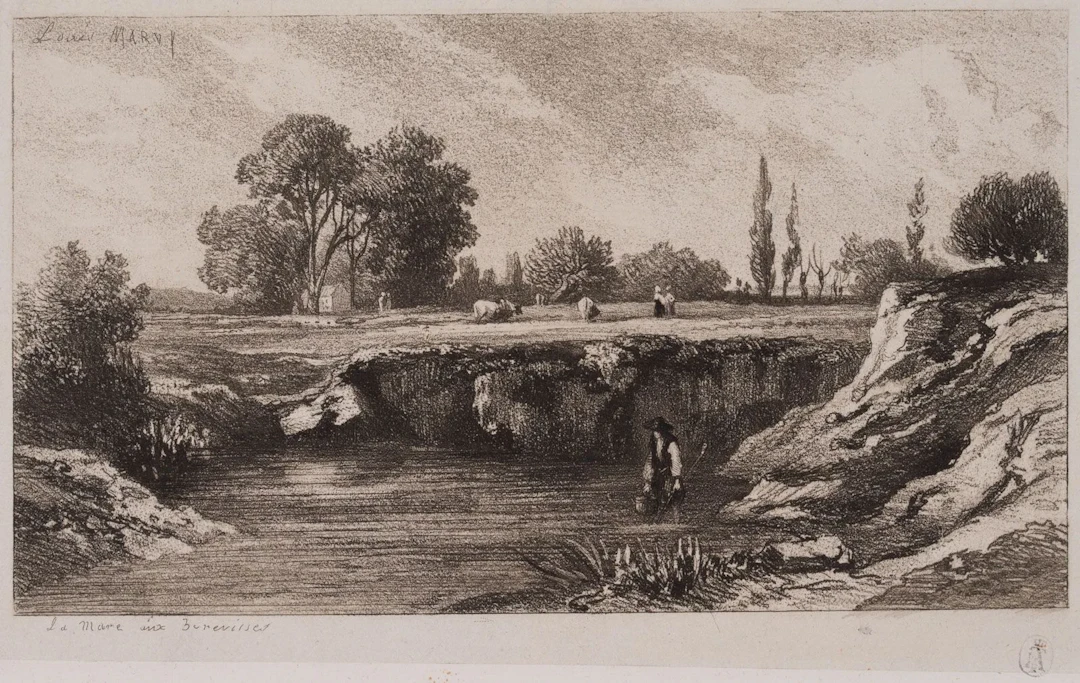 L. MARVY (19th), A Farmer by a Pond in an Open Landscape, Vernis Mou