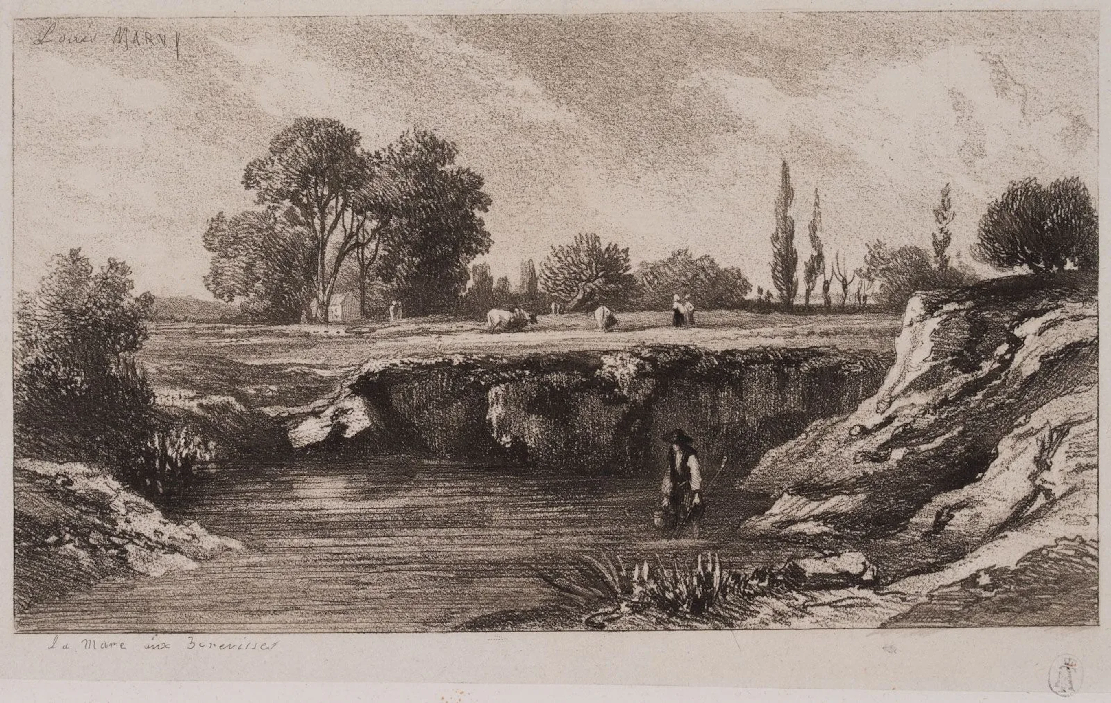 L. MARVY (19th), A Farmer by a Pond in an Open Landscape, Vernis Mou