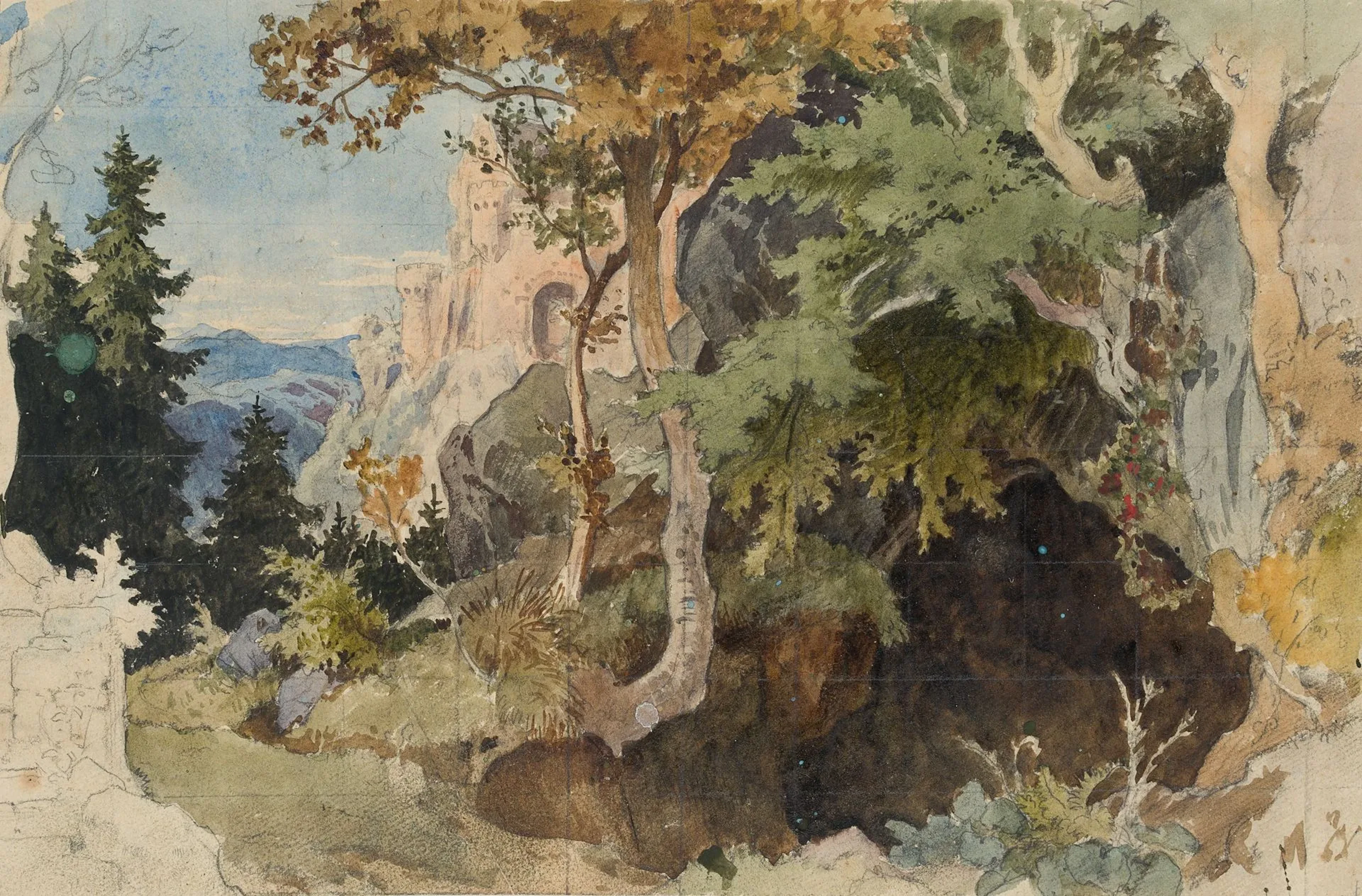 R. SCHUSTER (1848-1902), Near a Gothic hilltop castle, around 1870