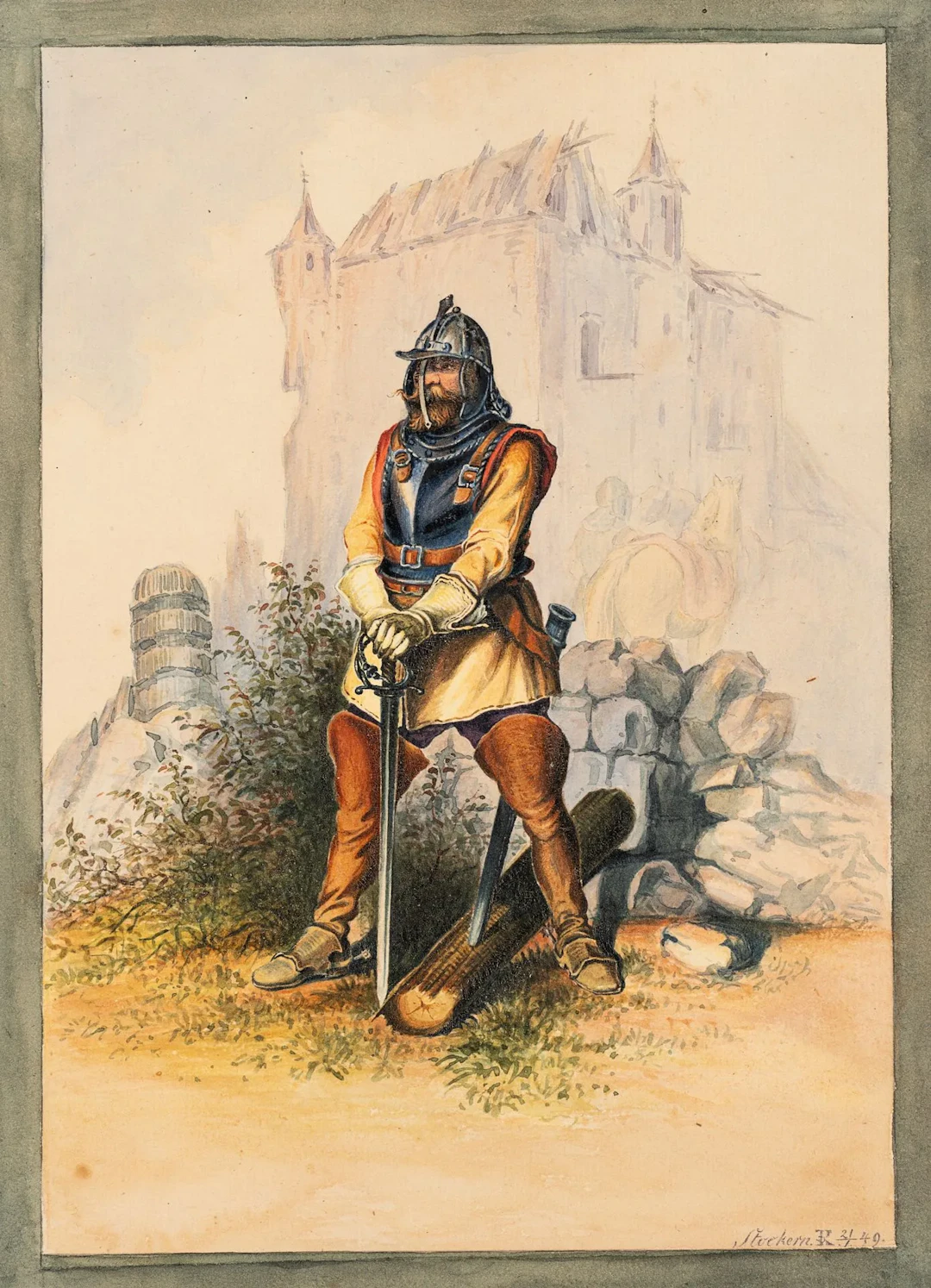 Unknown (19th), Knights in front of the castle, Watercolor Unknown