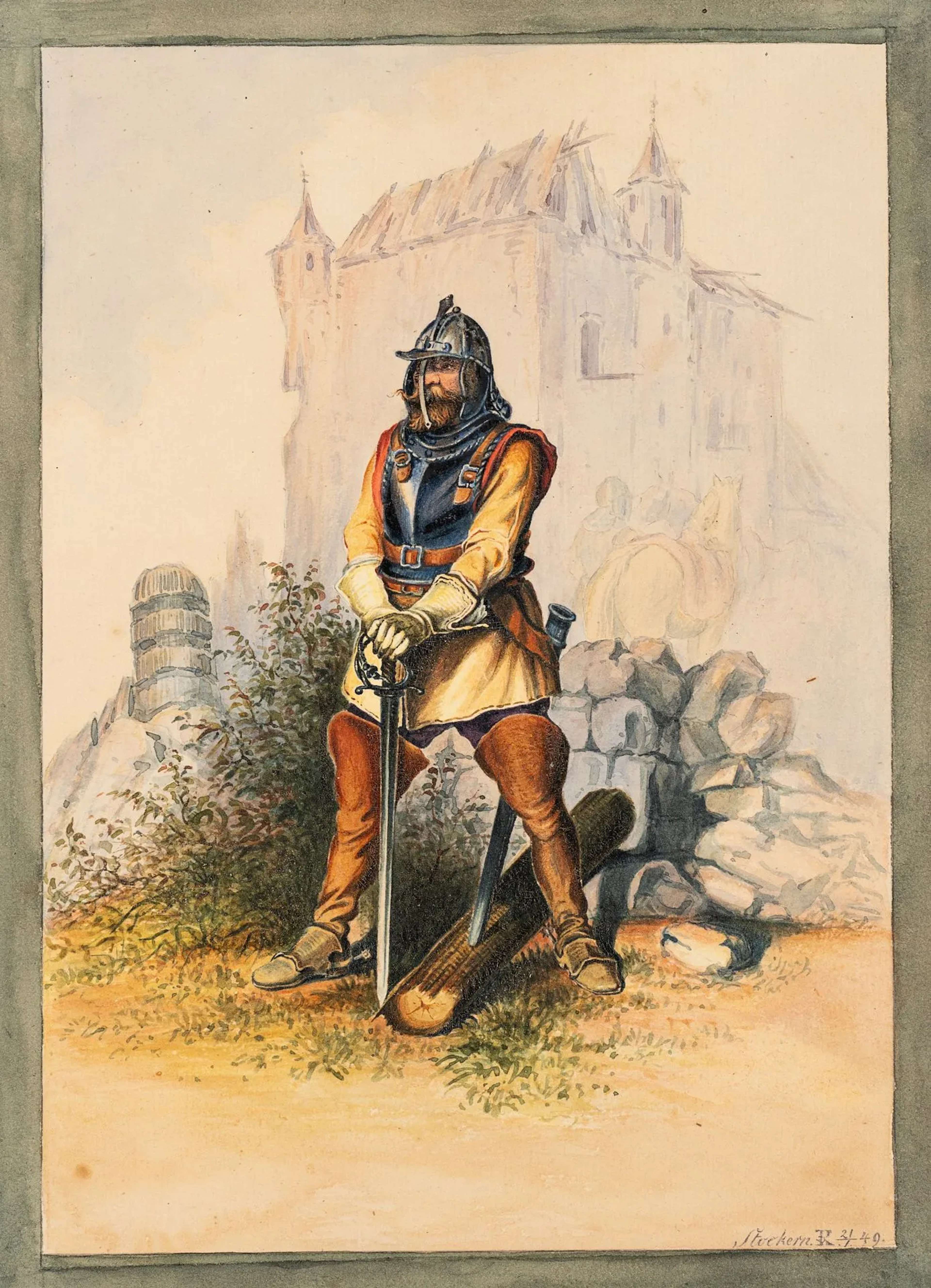 Unknown (19th), Knights in front of the castle, Watercolor Unknown