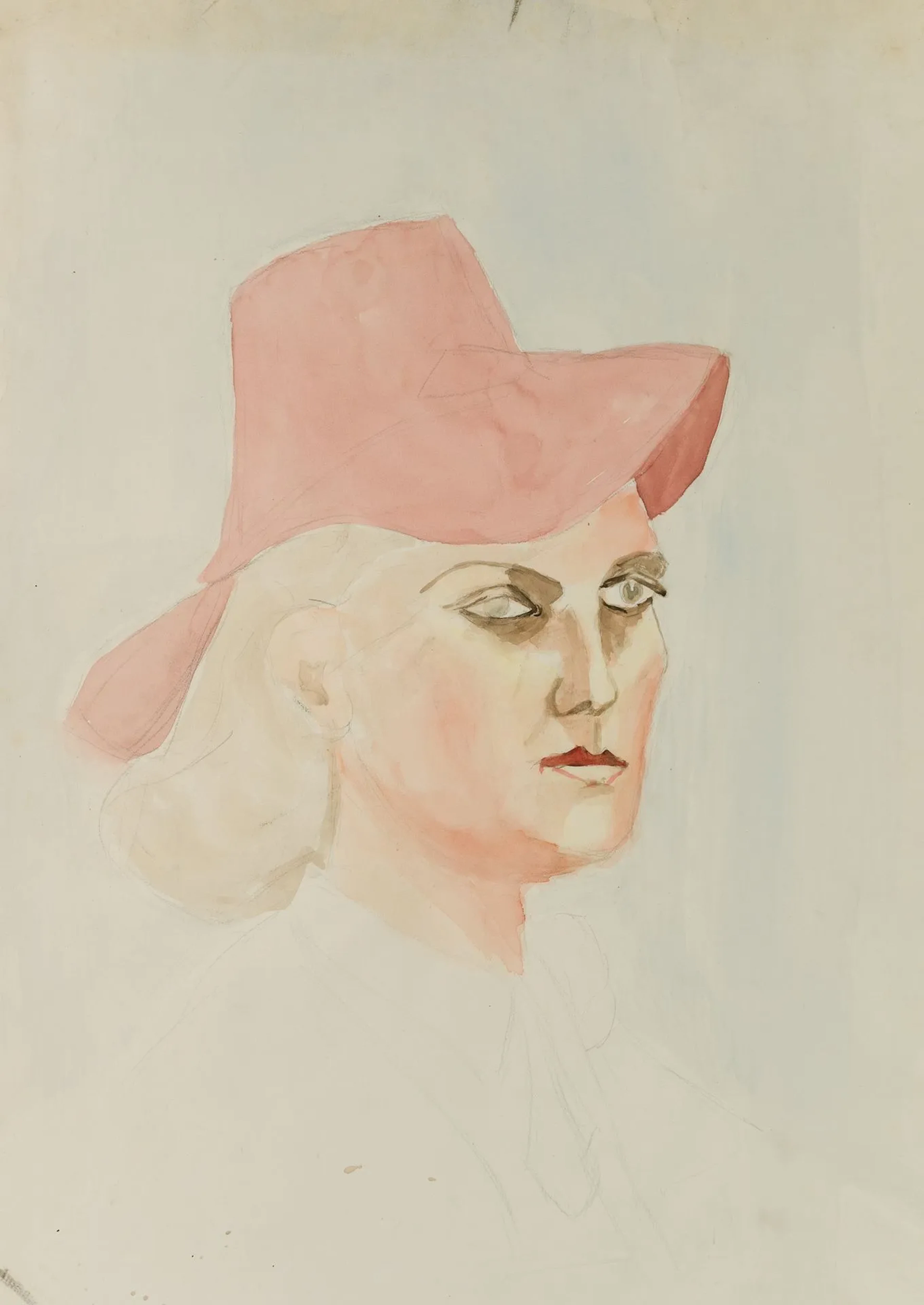 Unknown (20th), Woman with pastel colored hat, ... | Watercolours: bids