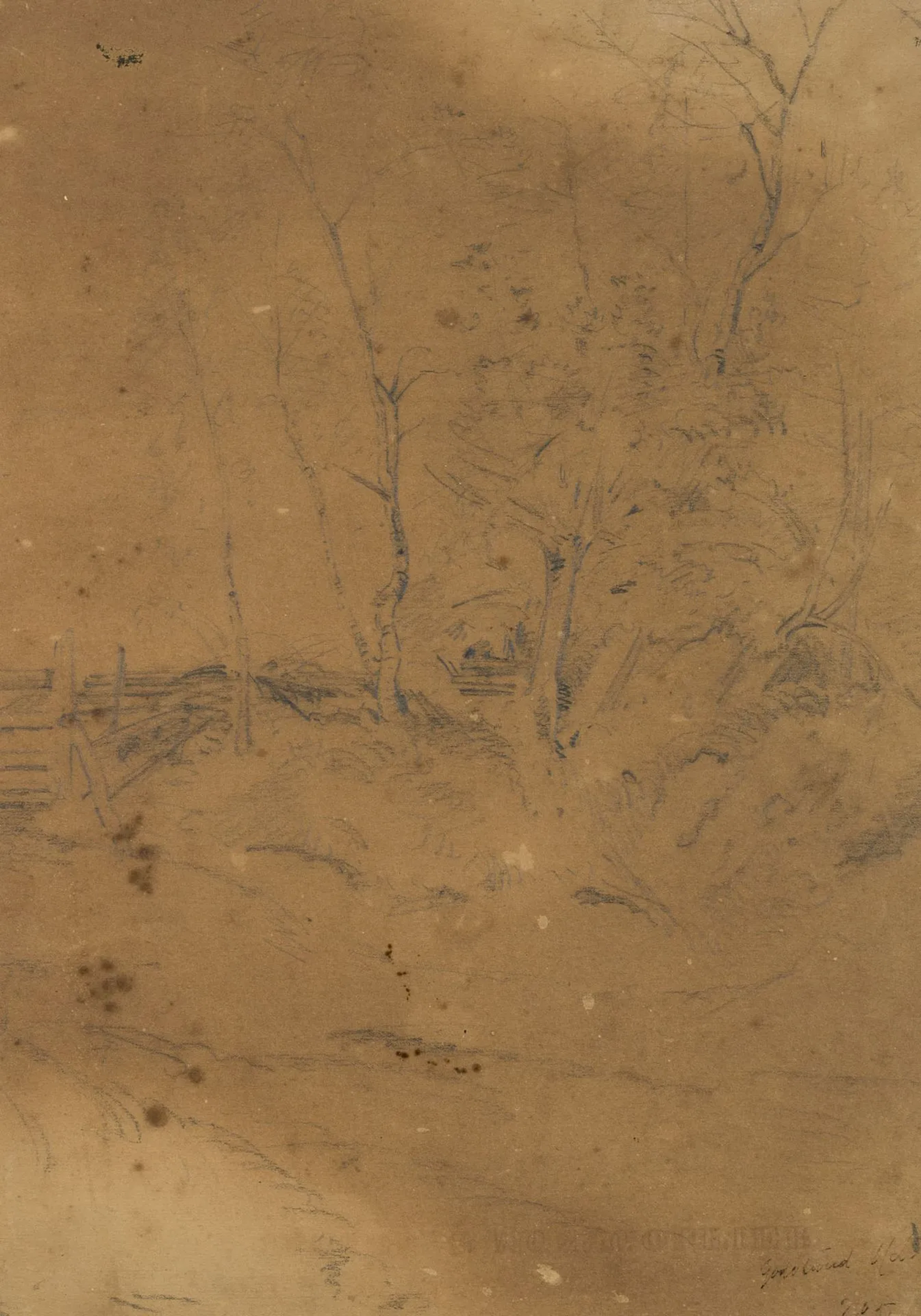 GORLAND (19th), A patch of woodland with trees and a fence, Pencil