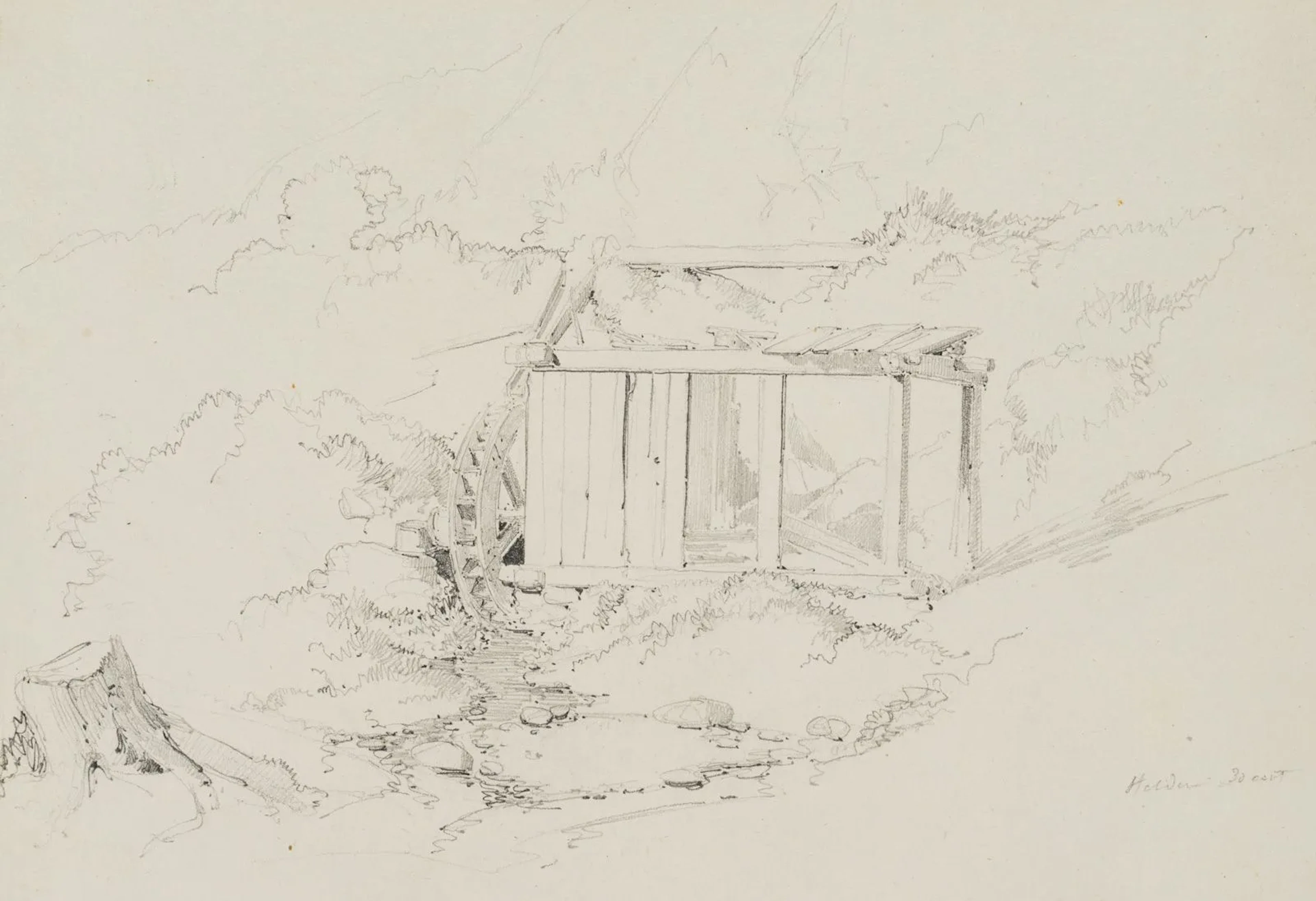 E. BRETENIÈRES (*1804), Old Mill Near Stalden, Valais, Switzerland