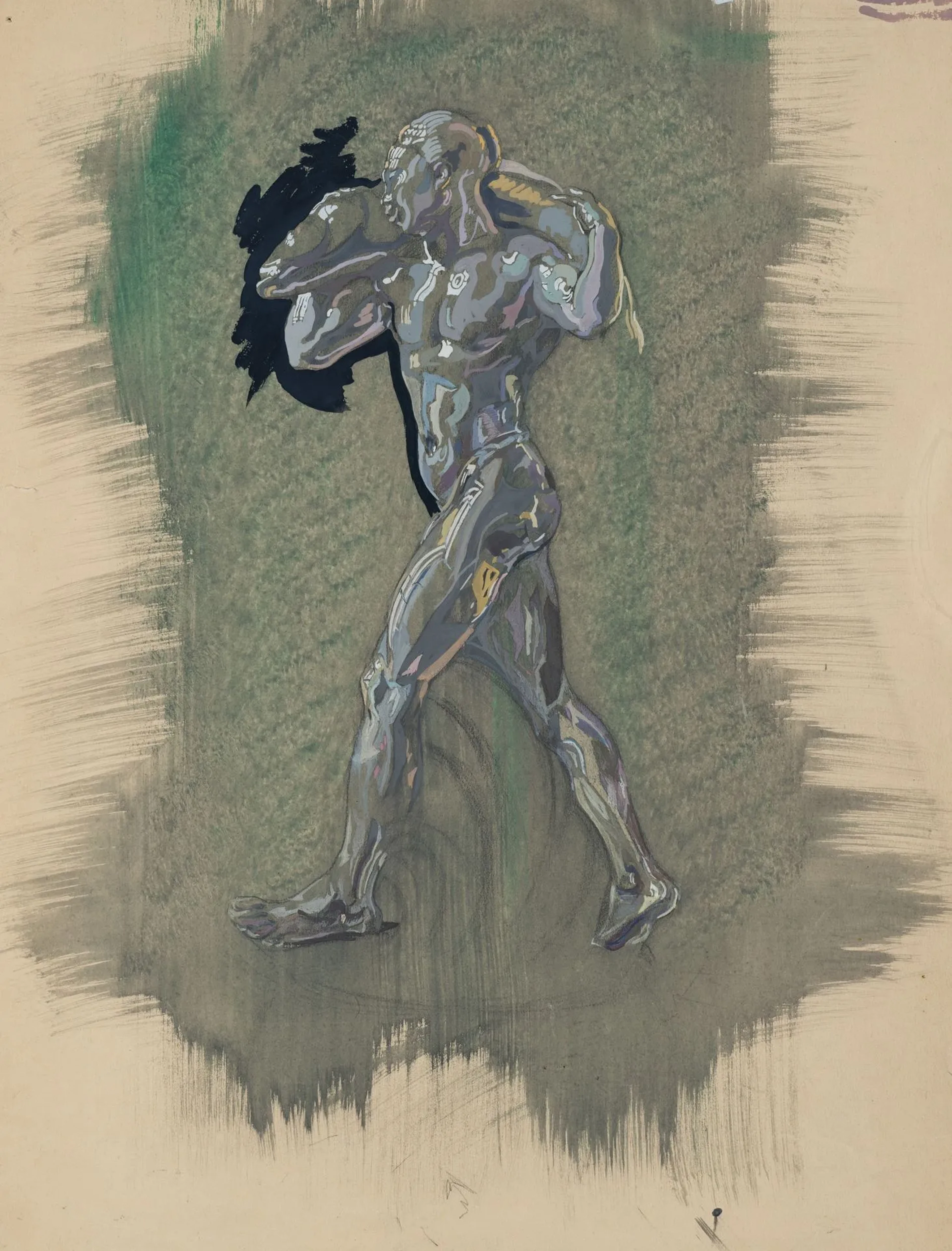 Unknown (20th century), Male Nude with a Fish, Gouache Unknown (20th