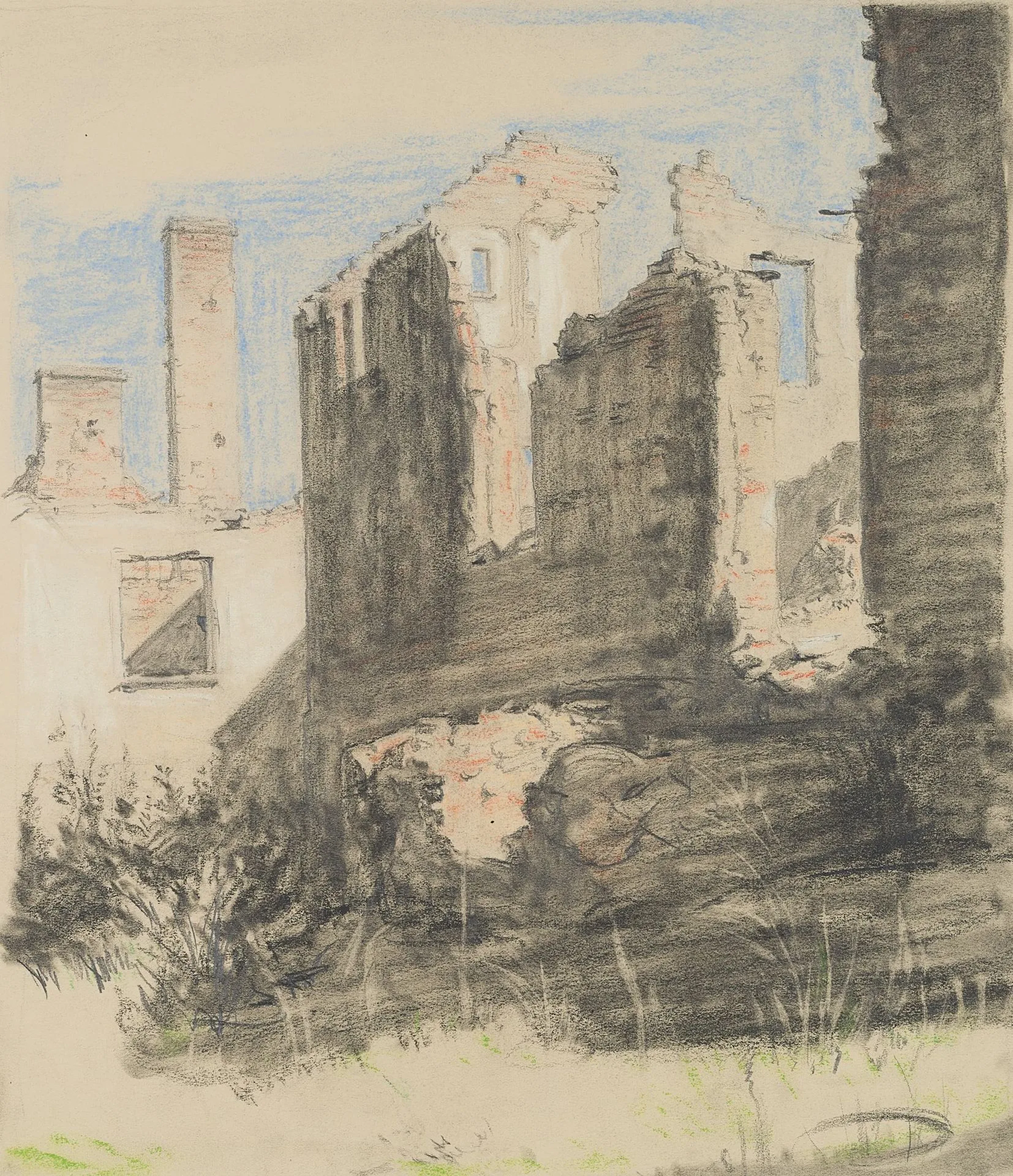 C. WALTHER (1880–1954), Ruins in San Gimignano, Charcoal Carl August