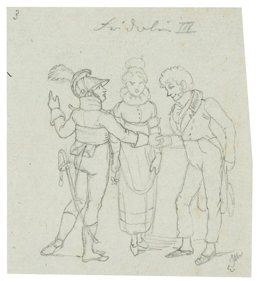 E. ILLE (1823–1900), Satire, Two Gentlemen and a Lady, Pencil Eduard