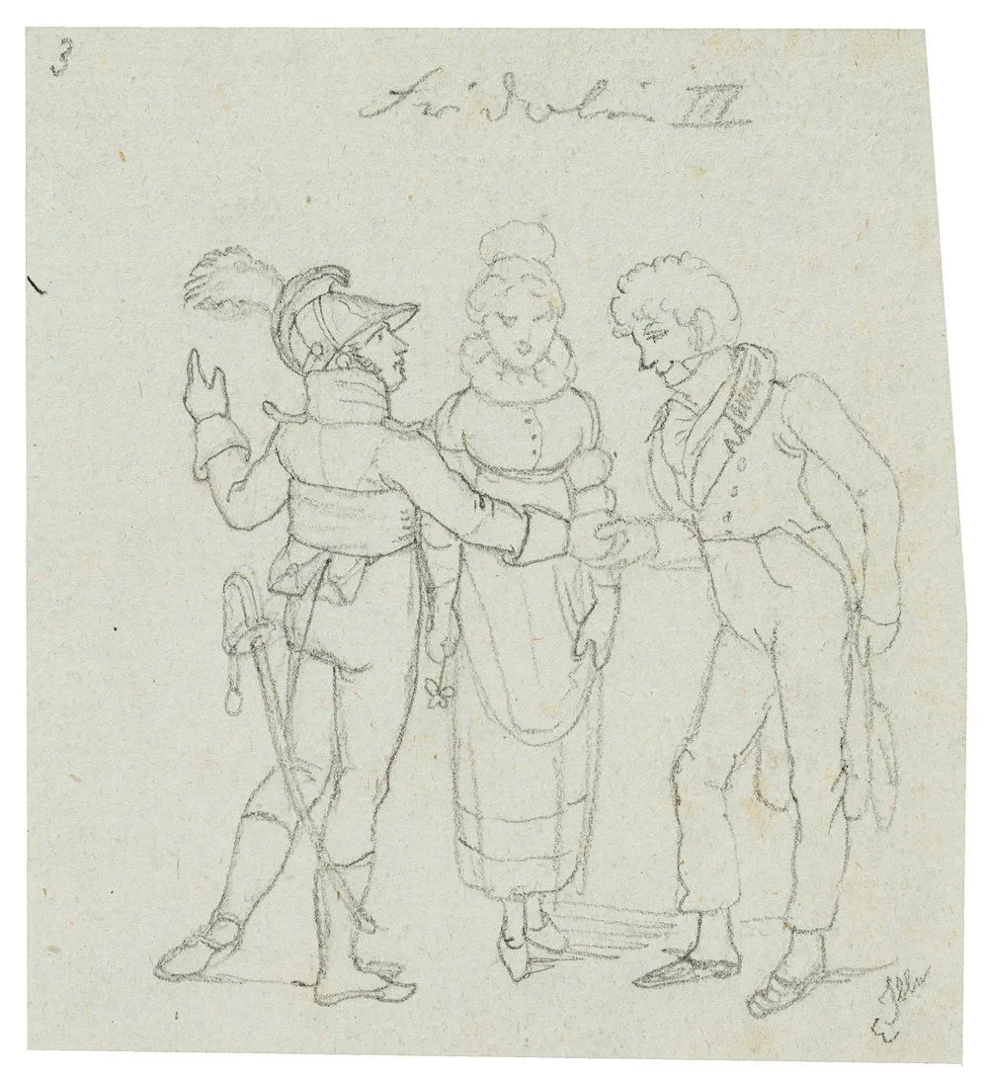 E. ILLE (1823–1900), Satire, Two Gentlemen and a Lady, Pencil Eduard