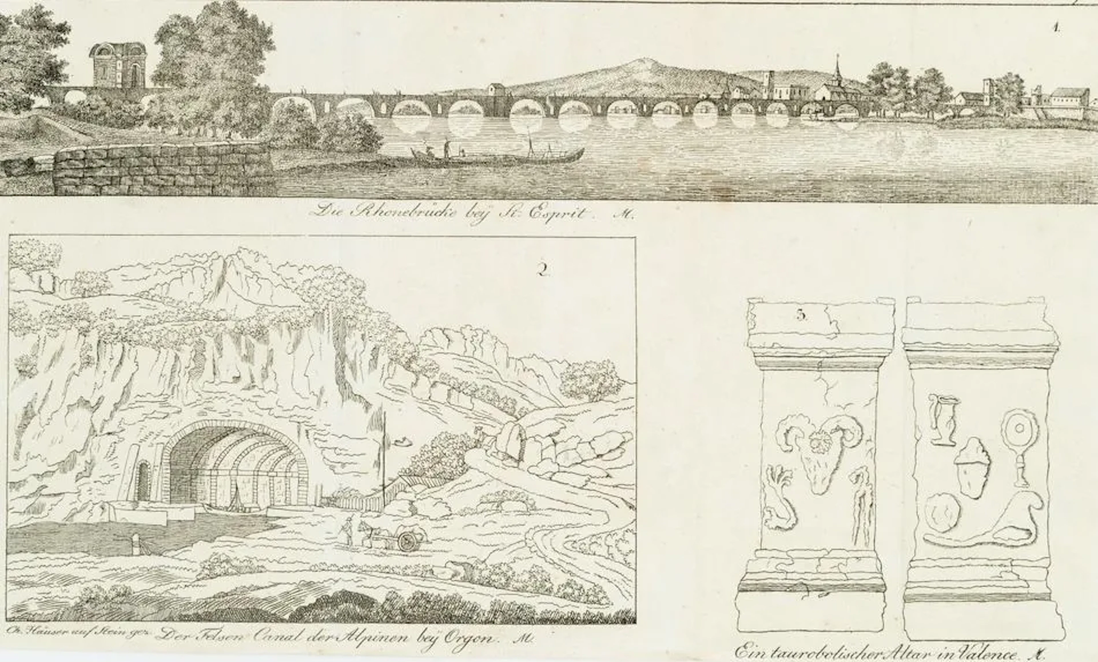 C. HÄUSER (19th century), Landscapes, Rhône Bridge, Lithograph with