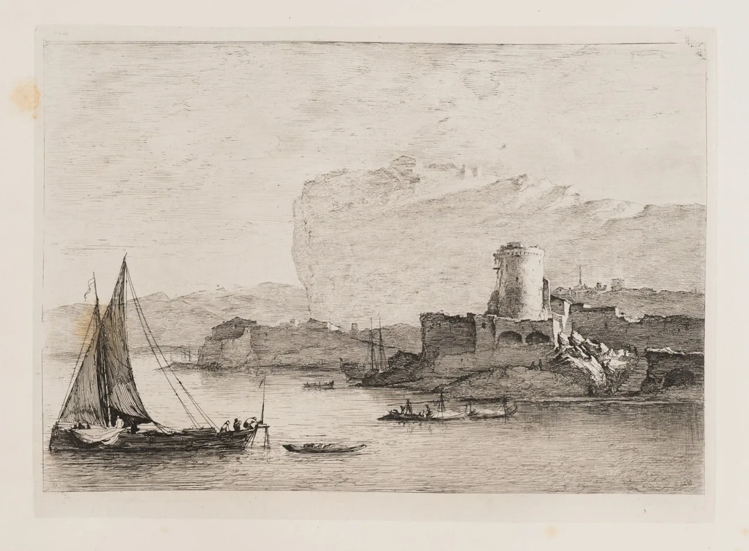 J. BOISSIEU (1736–1810), A harbor on a cliff-faced coast with a sailing