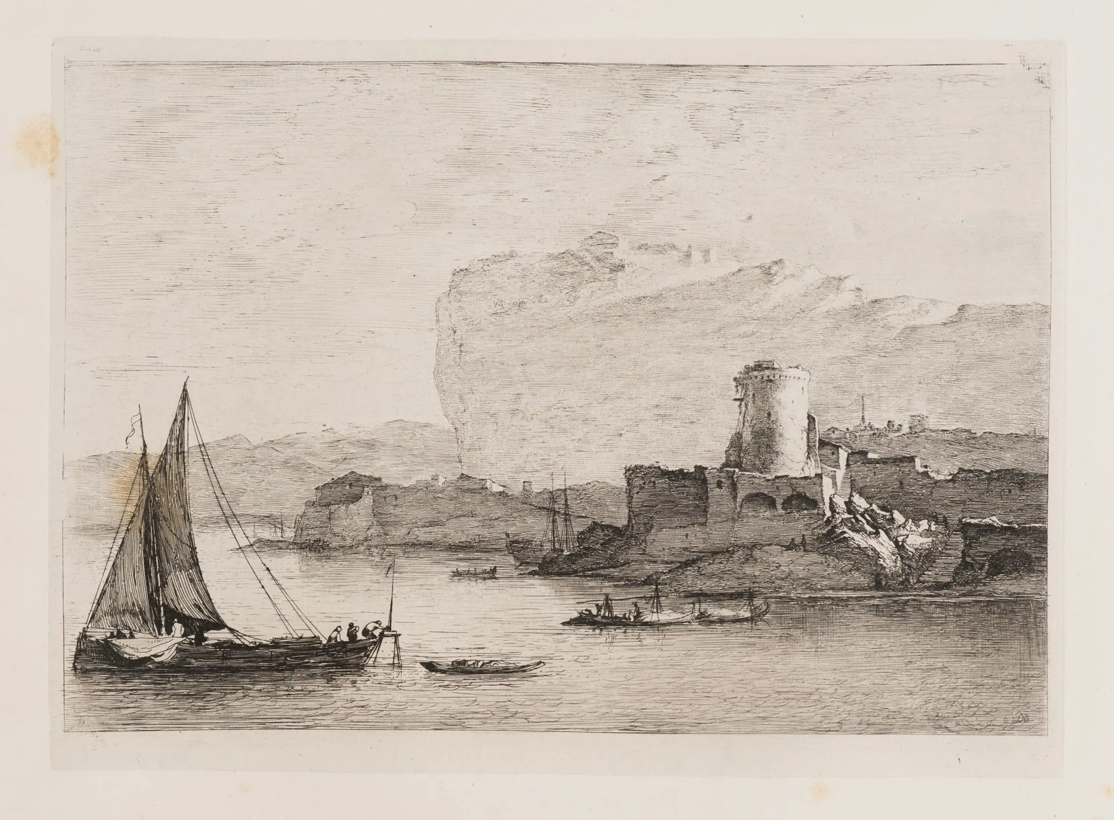 J. BOISSIEU (1736–1810), A harbor on a cliff-faced coast with a sailing