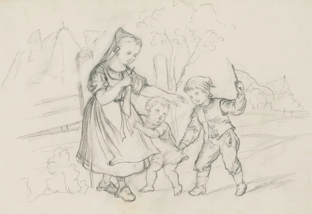 G. MÜLLER (1827-1922), Three children playing, Pencil Gustav Otto