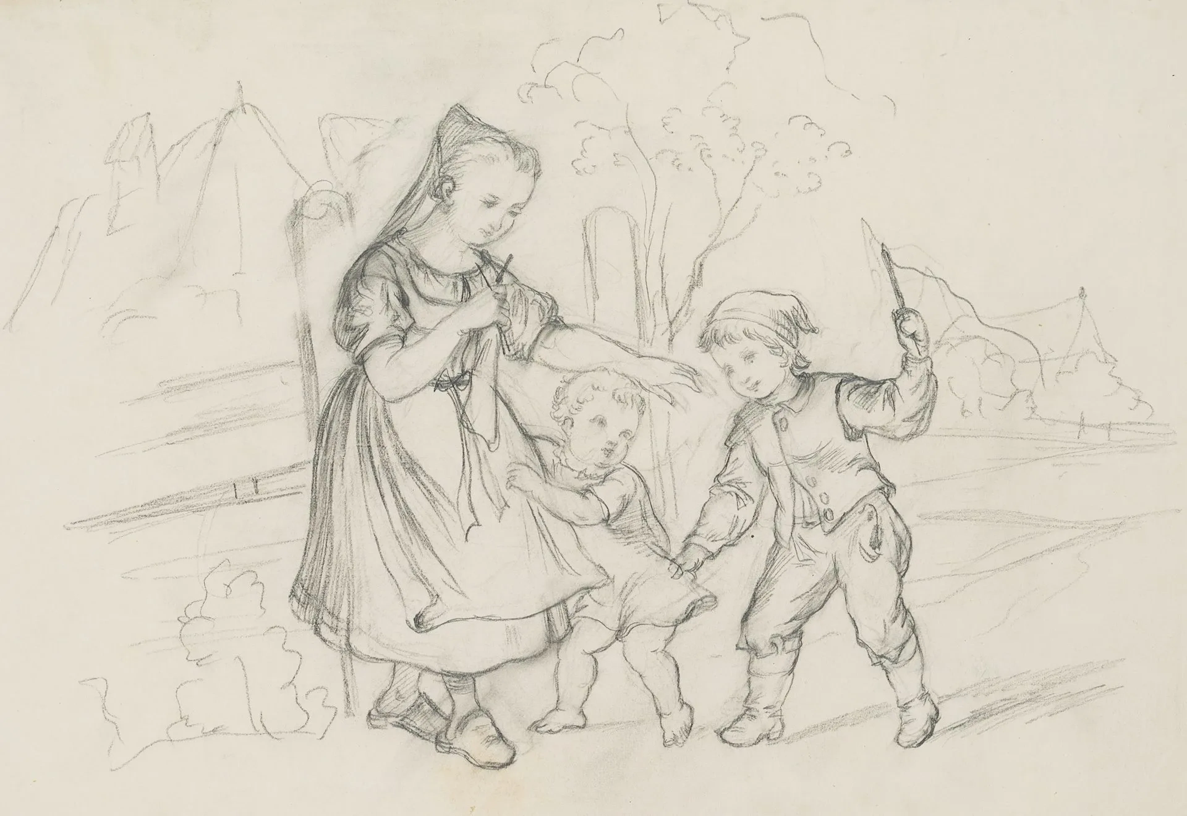 G. MÜLLER (1827-1922), Three children playing, Pencil Gustav Otto