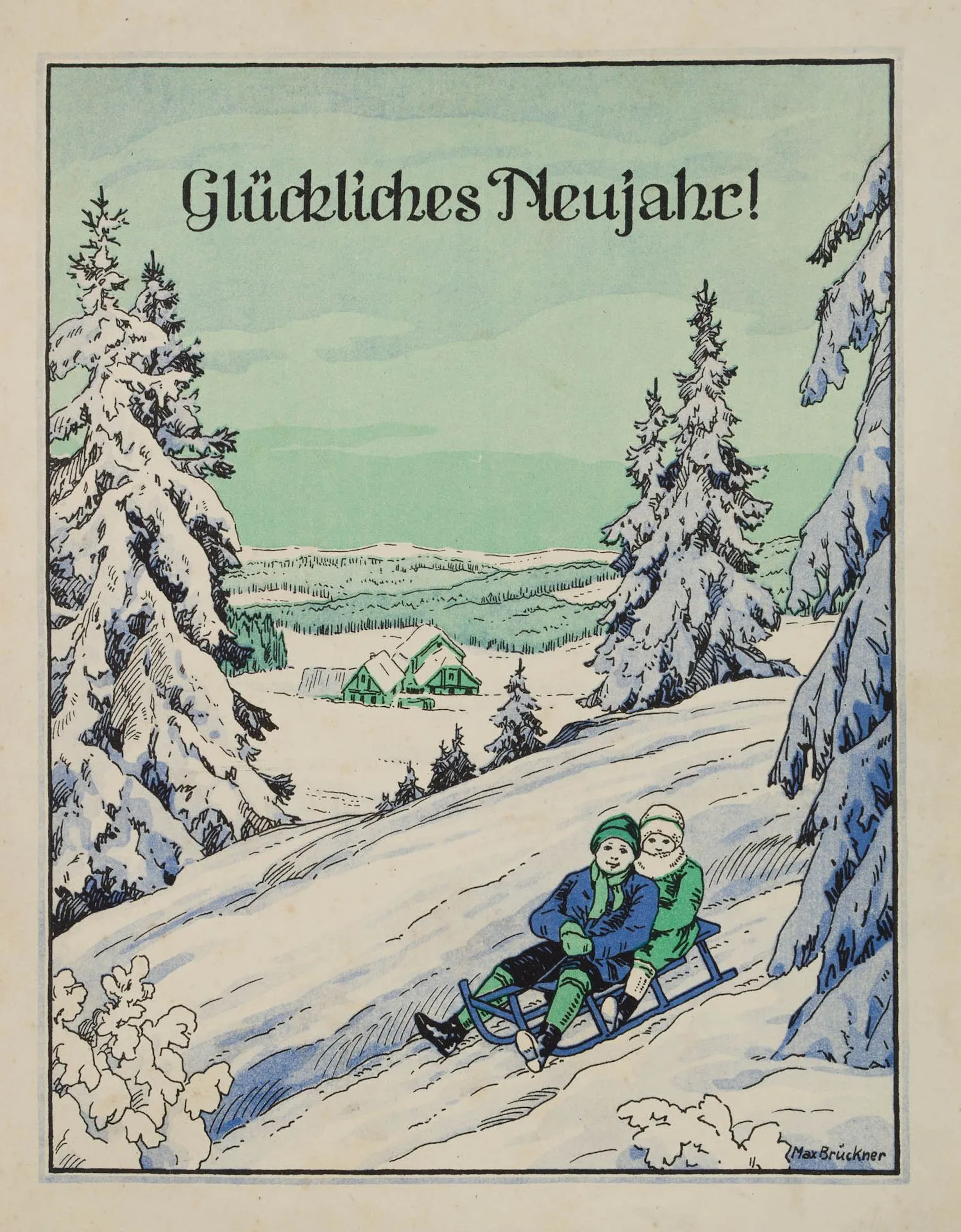 M. BRÜCKNER (1836–1919), New Year's Letter, Sledding, ca. 1930, chromolithograph