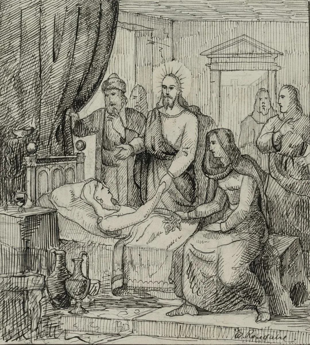 E. RONDAHL (1858–1914), Biblical scene: Jesus visiting the sick, 1875