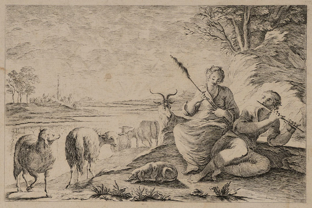Unknown (18th century), A pastoral scene featuring a spinner, Etching
