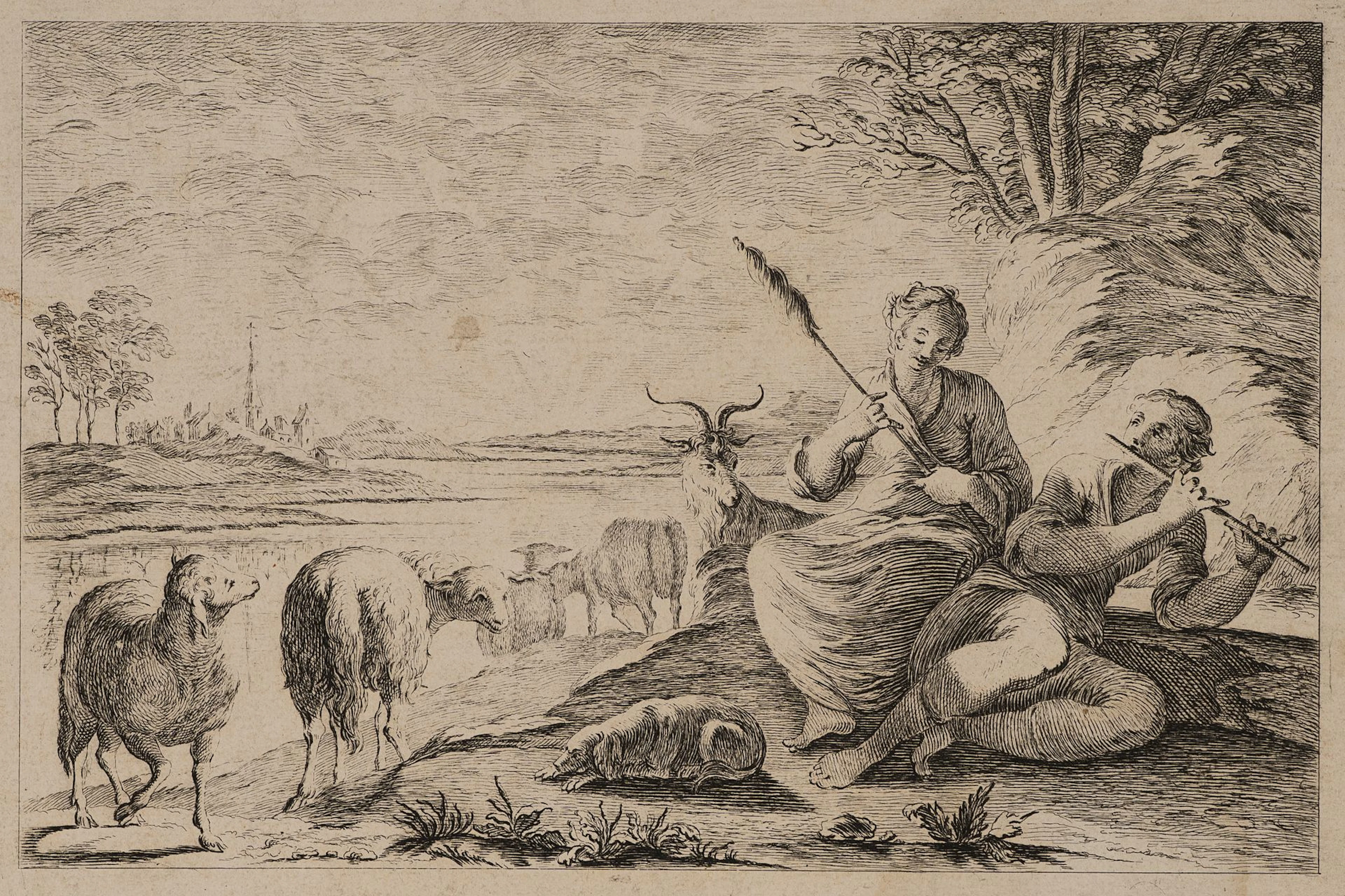 Unknown (18th century), A pastoral scene featuring a spinner, Etching