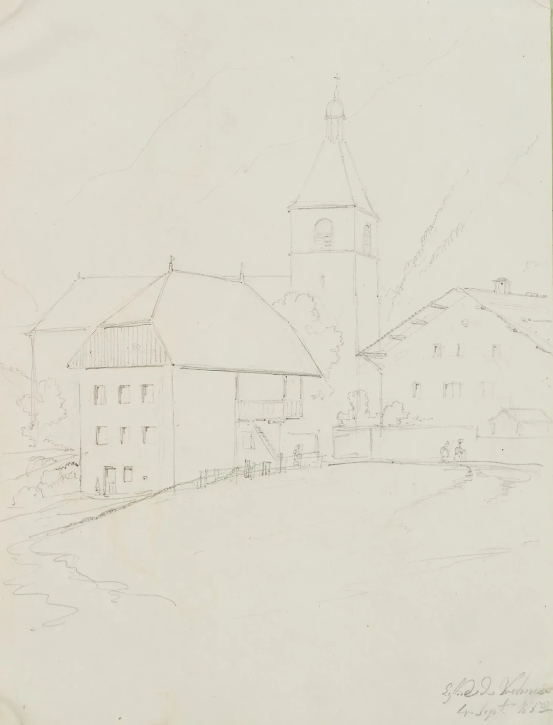 E. BRETENIÈRES (*1804), Church of Vacheresse, Switzerland, 1852, pencil