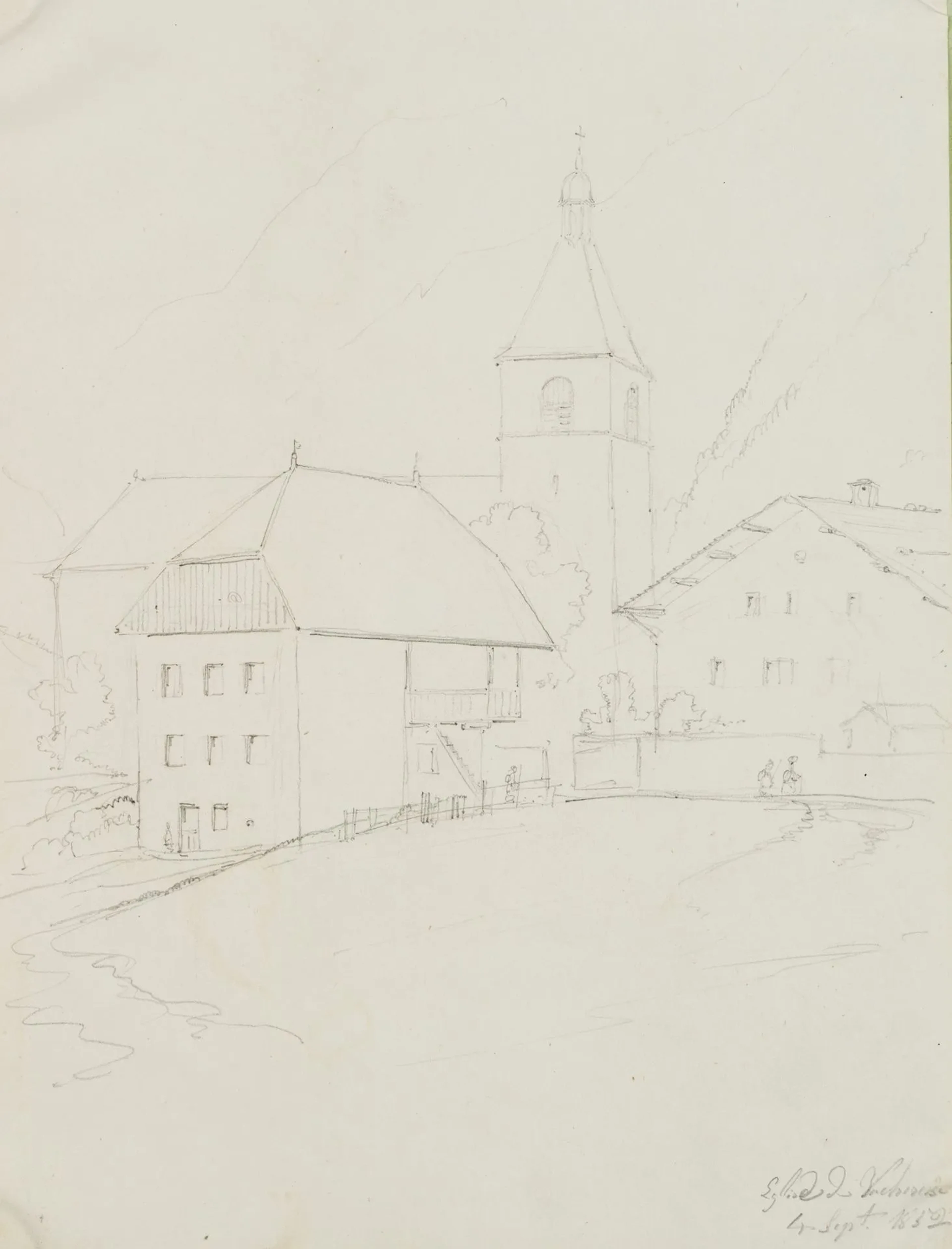 E. BRETENIÈRES (*1804), Church of Vacheresse, Switzerland, 1852, pencil