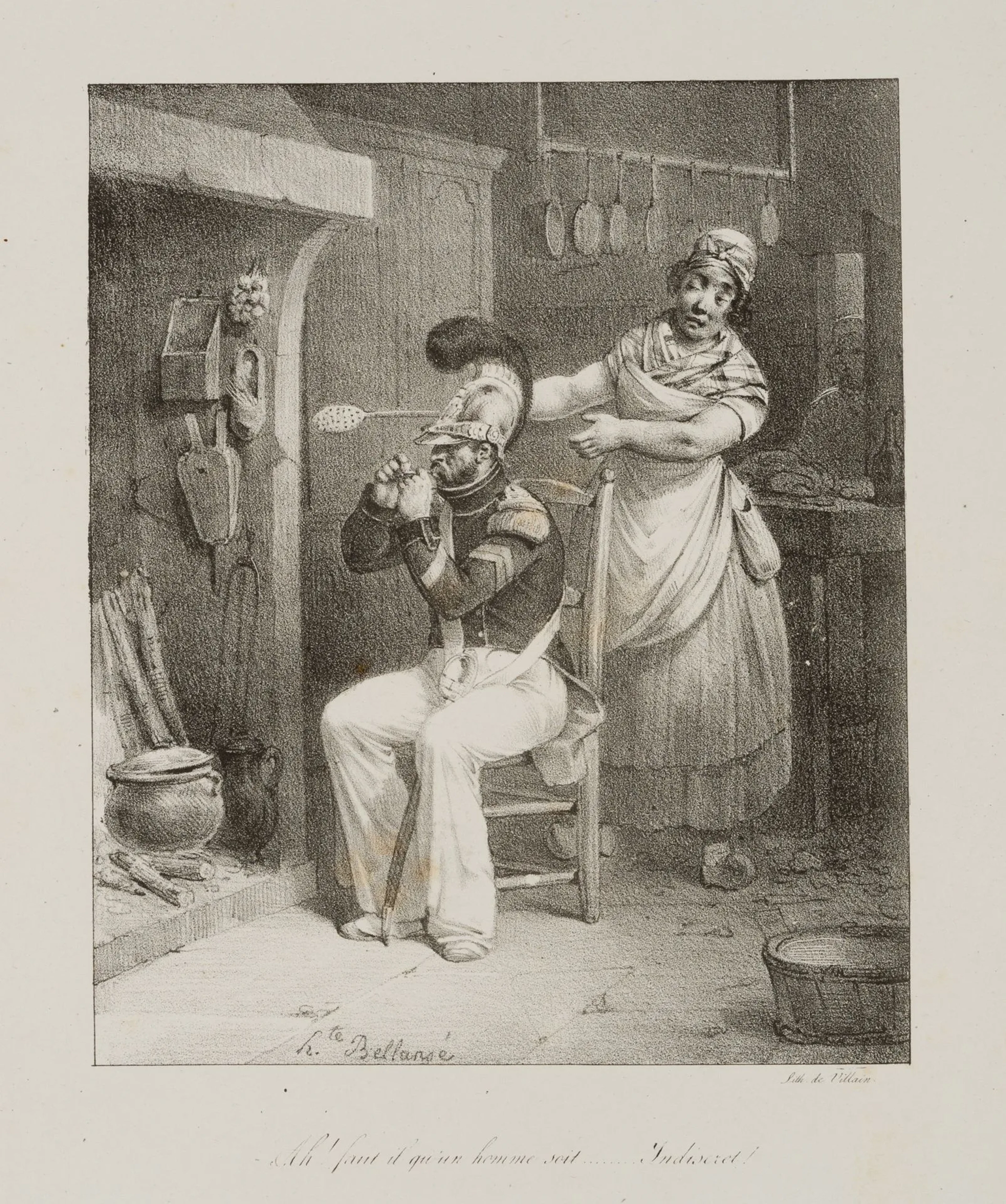 H. BELLANGÉ (1800–1866), Caricature. Cavalryman by the Fire, Lithograph
