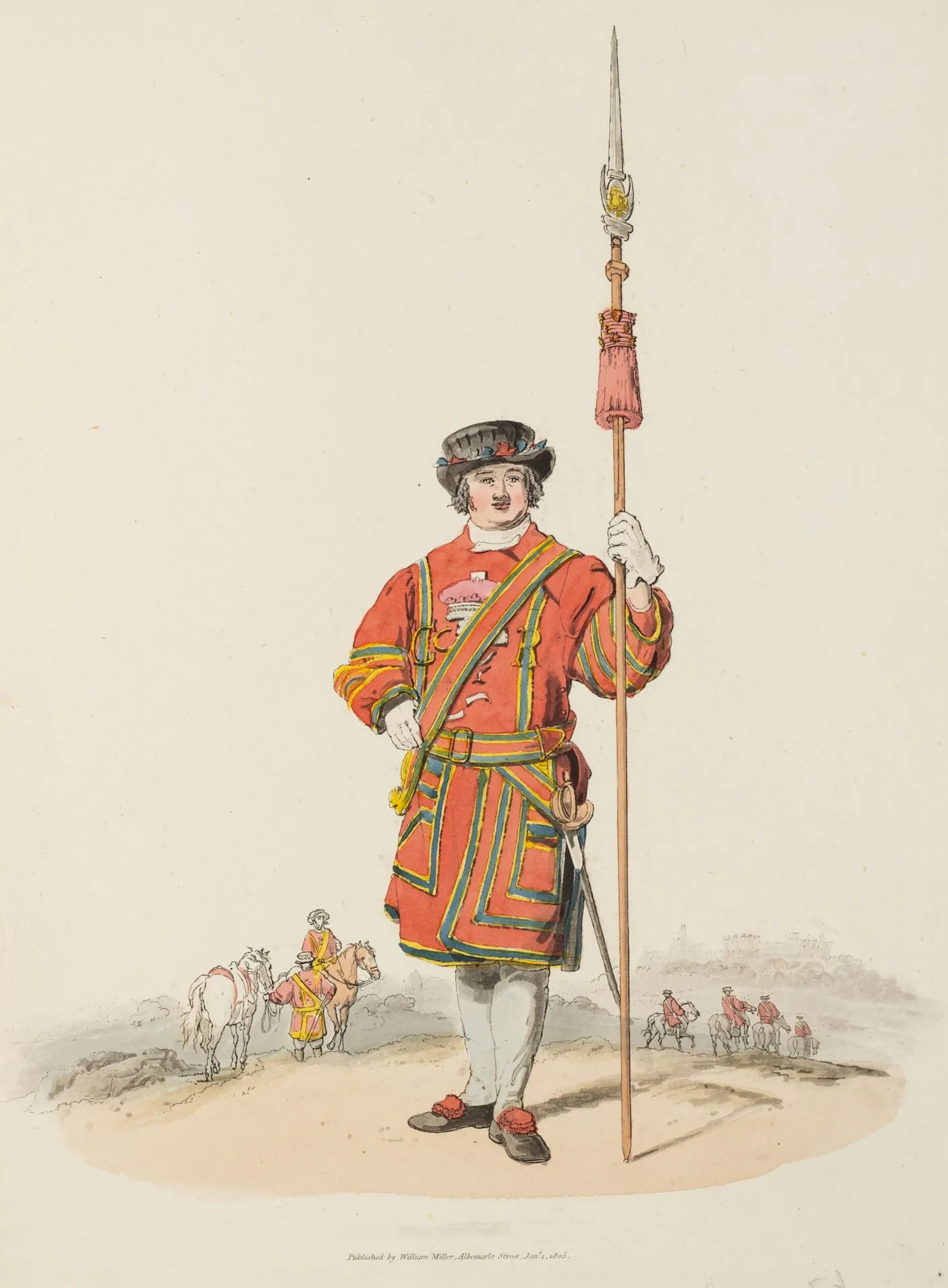 Unknown (19th century), British Beefeater in uniform, 1805, aquatint