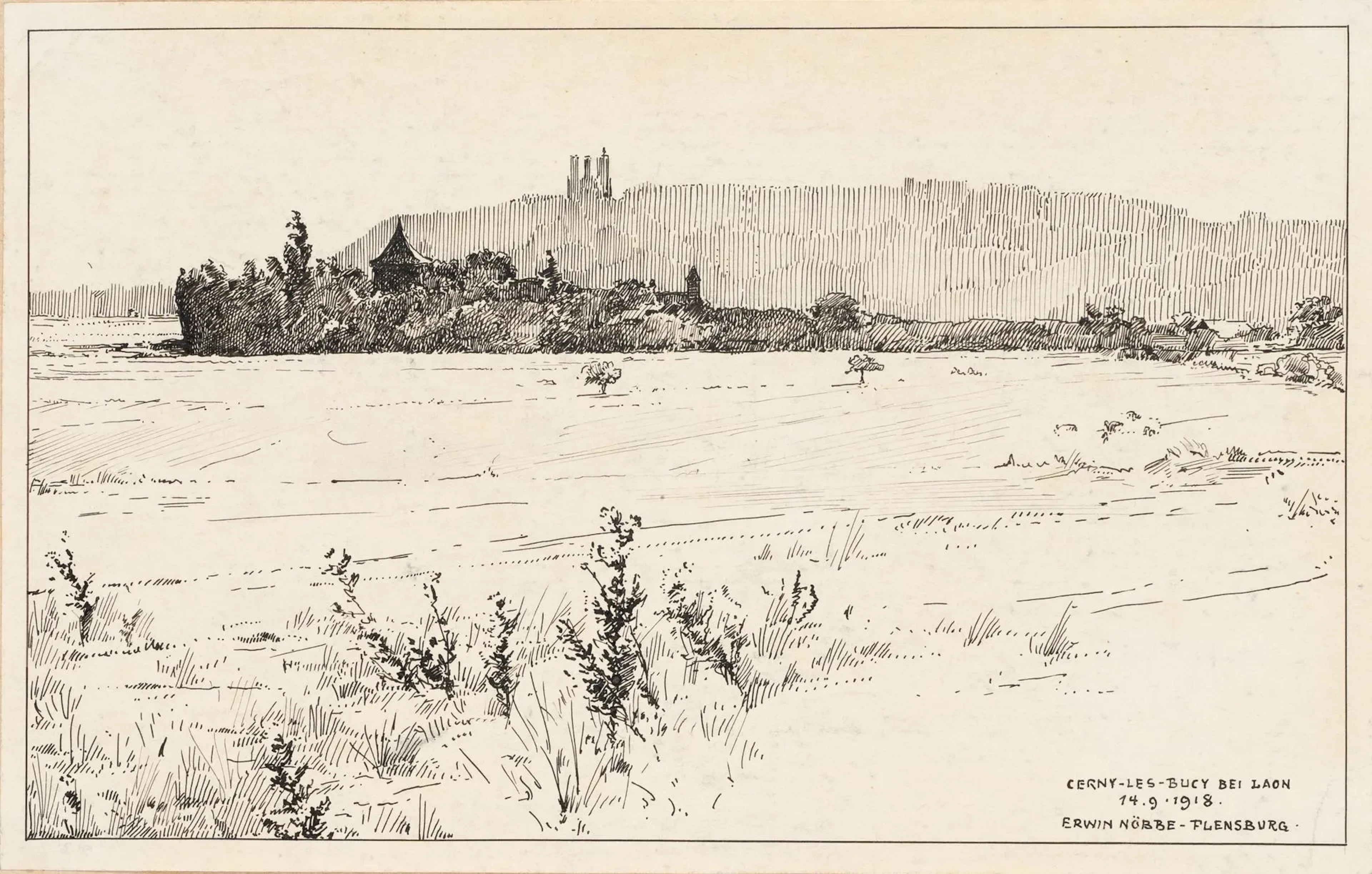 E. NÖBBE (1882-1948), Wide landscape near Laon, First World War, 1918