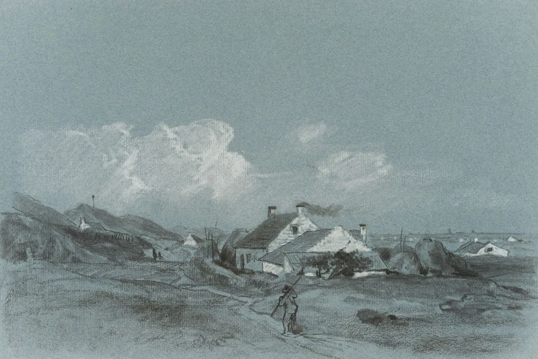 E. NAUMANN (*1842), Fishing village on the Baltic Sea, Chalk Emil