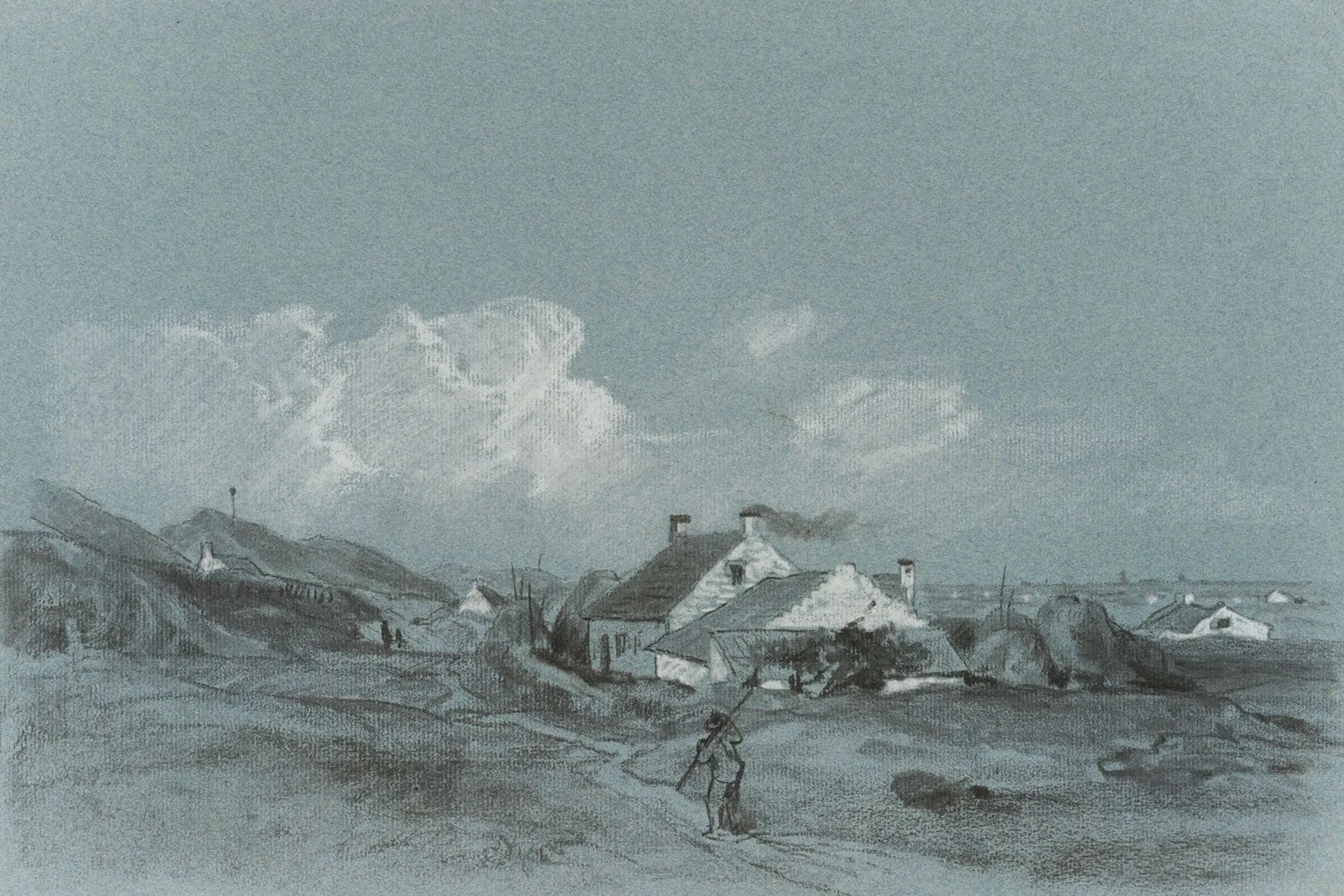 E. NAUMANN (*1842), Fishing village on the Baltic Sea, Chalk Emil