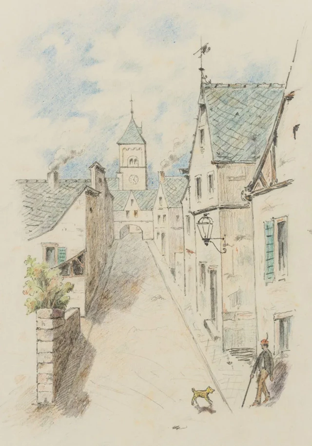 Unknown (19th), Old Town with Church, around 1900, Pencil Unknown