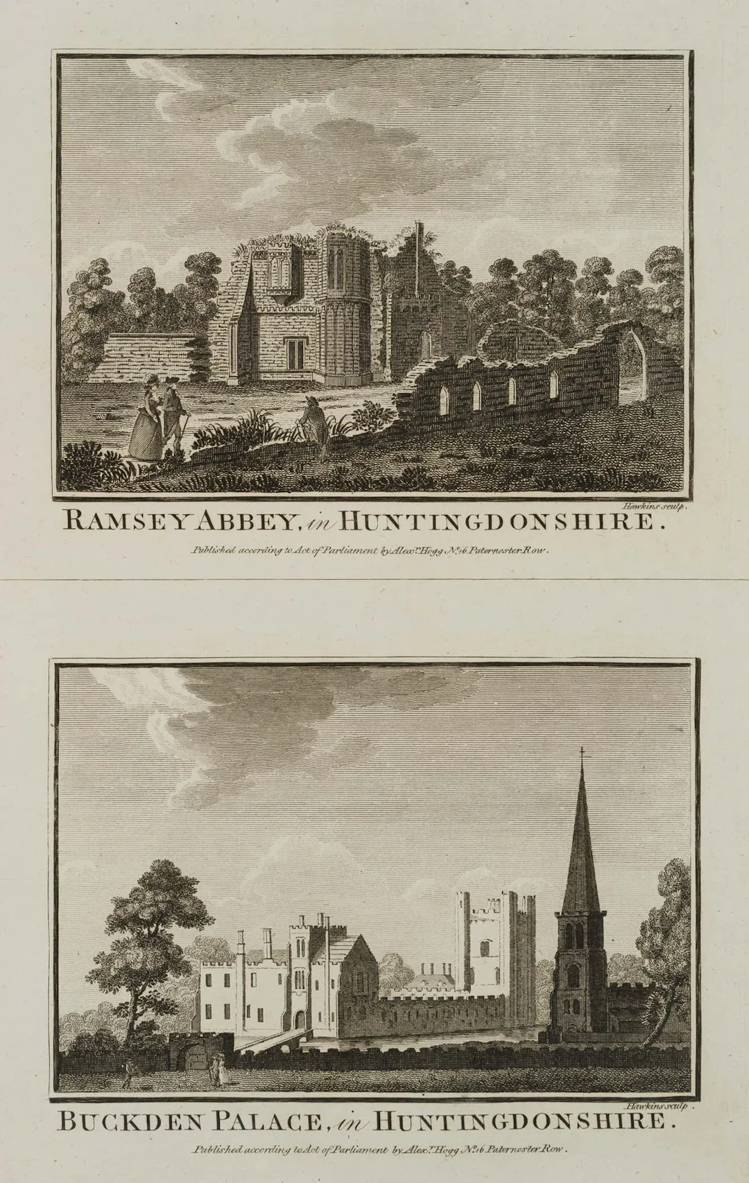 HAWKINS (18th), Ramsey Abbey, in Huntingdonshire, Etching Hawkins