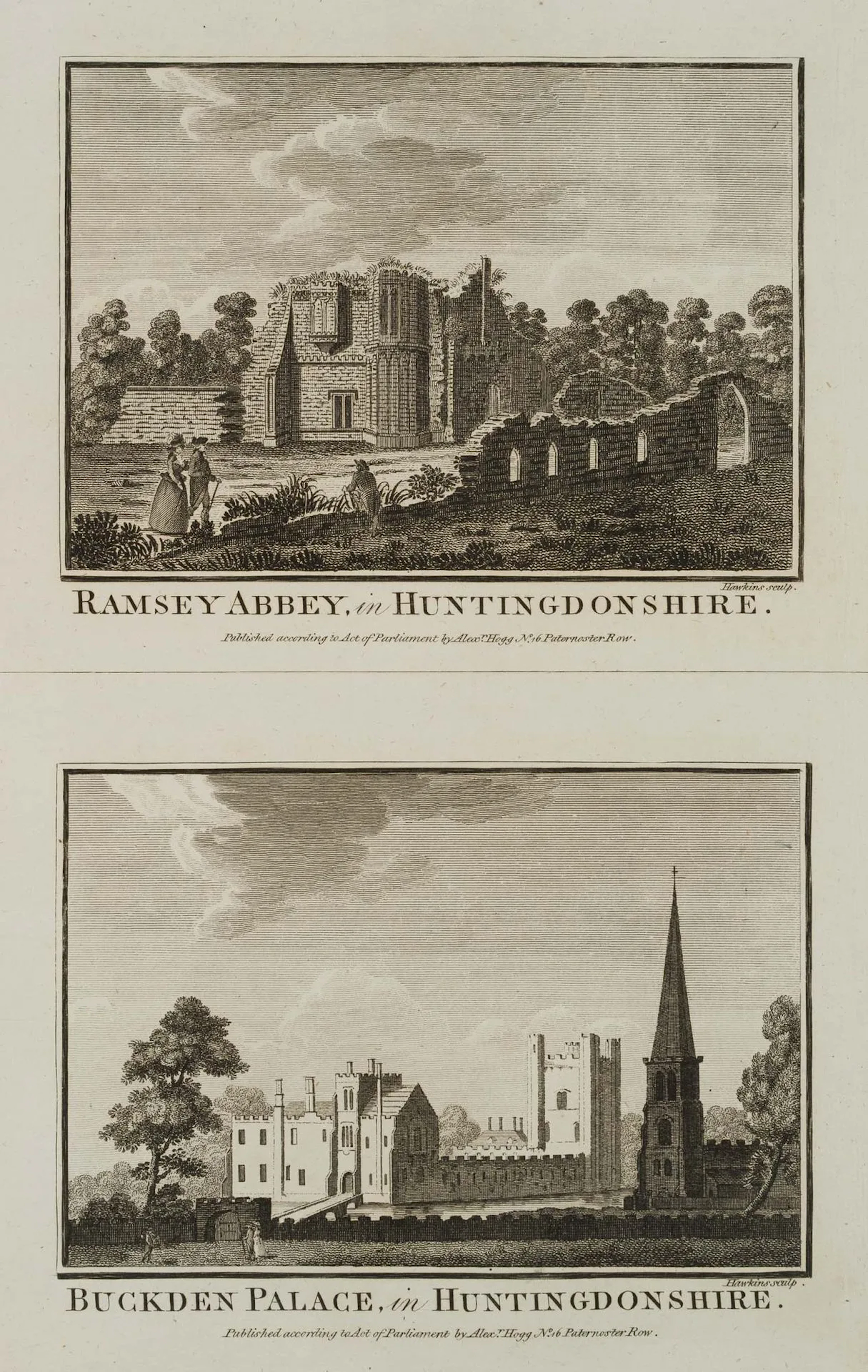 HAWKINS (18th), Ramsey Abbey, in Huntingdonshire, Etching Hawkins