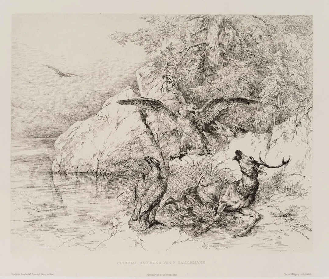F. GAUERMANN (*1807), Golden Eagle Near a Dead Deer, around 1832
