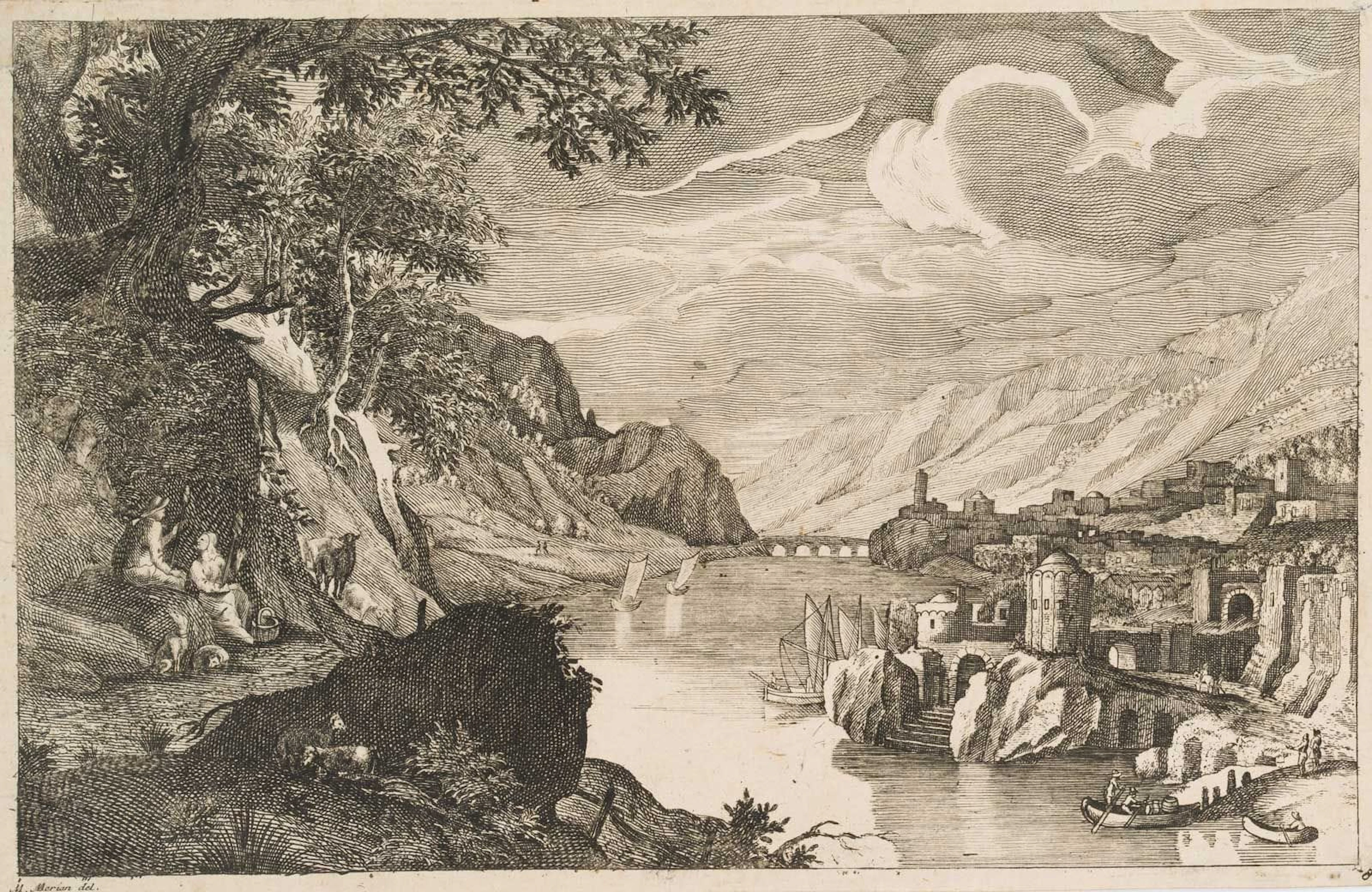 M. MERIAN (1593–1650), View of a town by the river, around 1640, copper