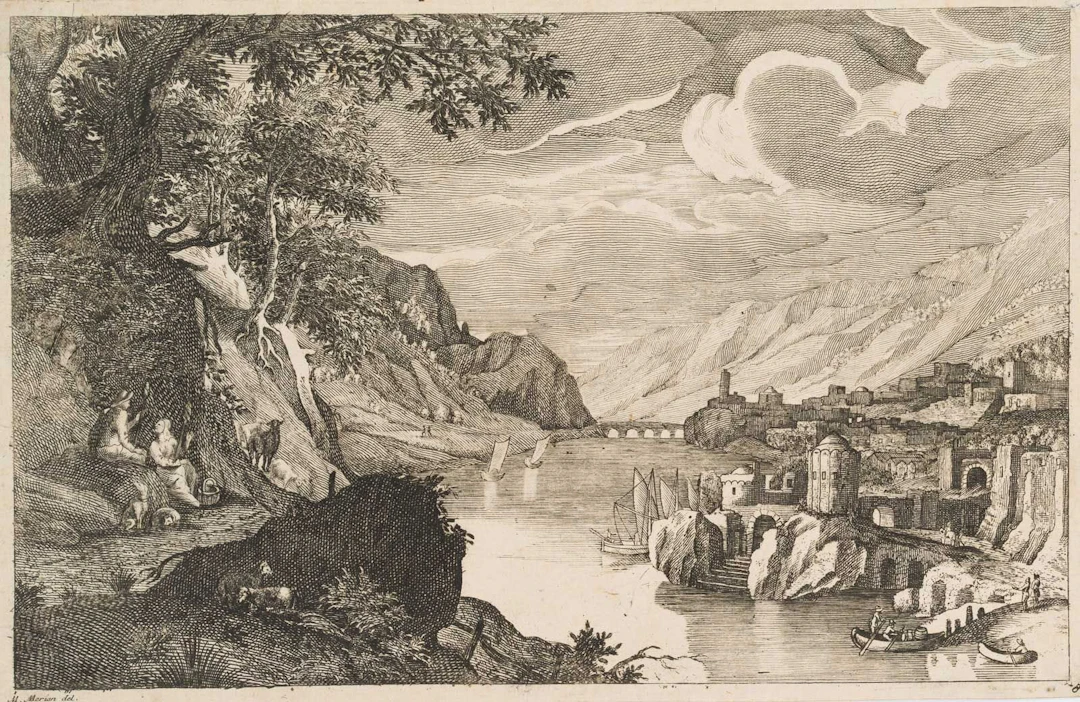 M. MERIAN (1593–1650), View of a town by the river, around 1640, copper