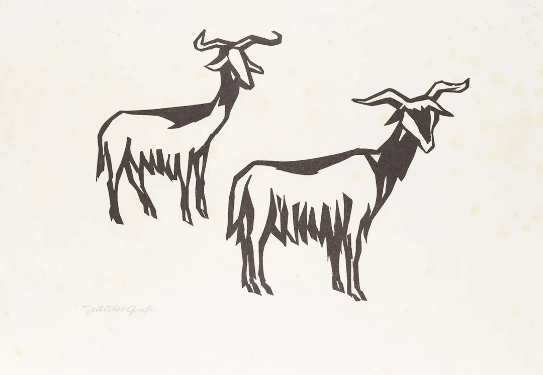 H. MÜLLER-GRÄFE (*1919), Depiction of two goats, Woodcut Hans Joachim