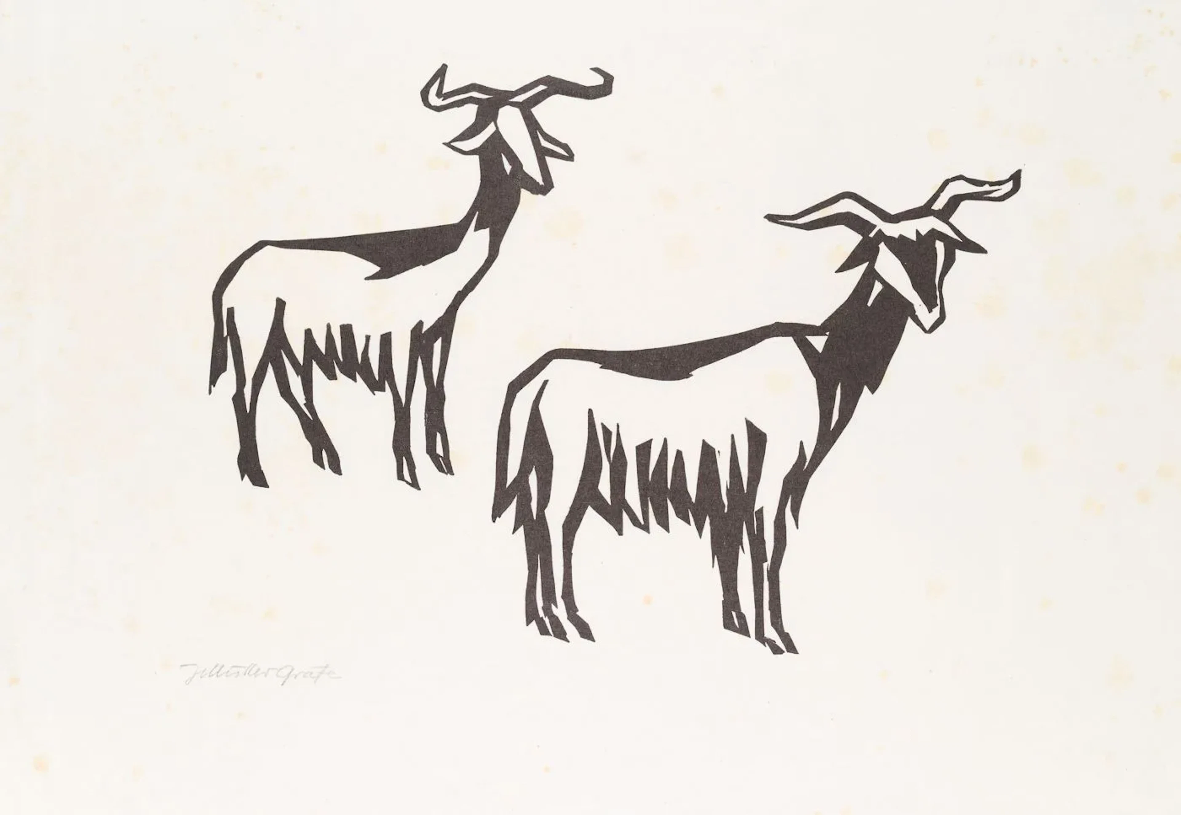 H. MÜLLER-GRÄFE (*1919), Depiction of two goats, Woodcut Hans Joachim