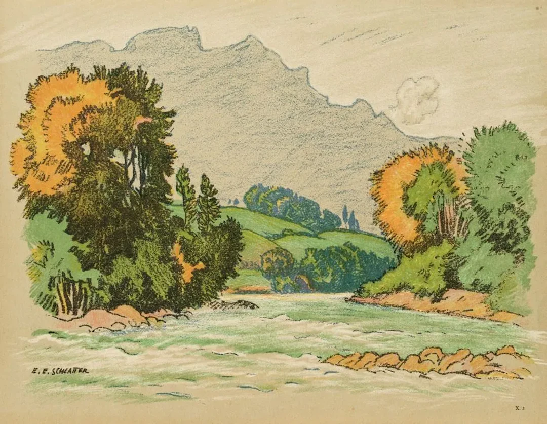 E. SCHLATTER (*1883), Mountain stream, landscape, Screen printing