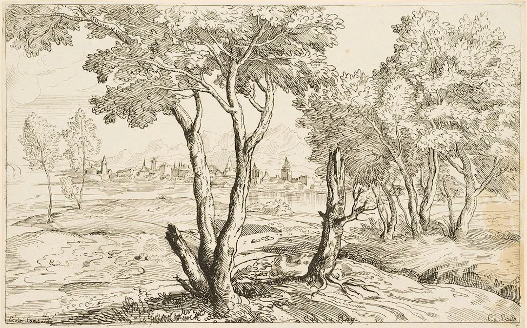 A. CAYLUS (1692–1765), Lombard Landscape with a Town, Etching Anne