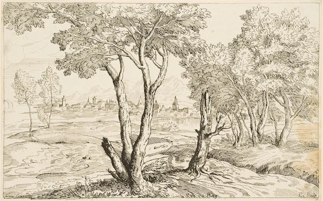A. CAYLUS (1692–1765), Lombard Landscape with a Town, Etching Anne