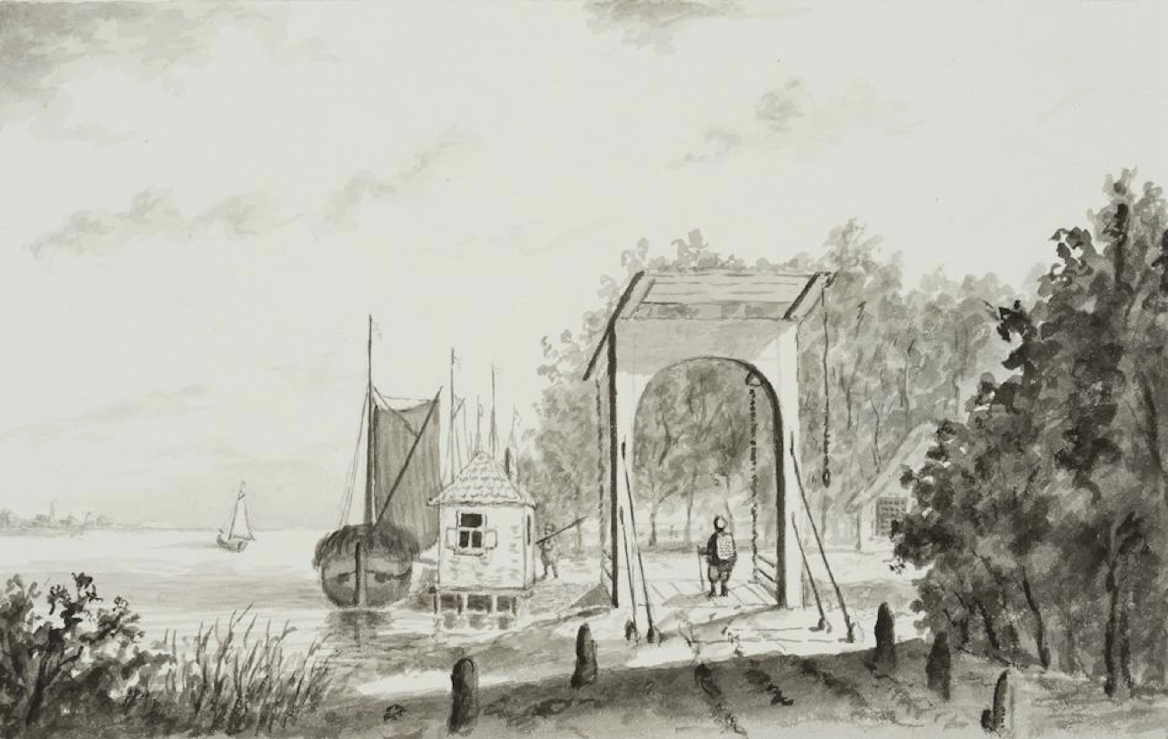Unknown (19th century), Dutch coastal landscape, brush drawing Unknown