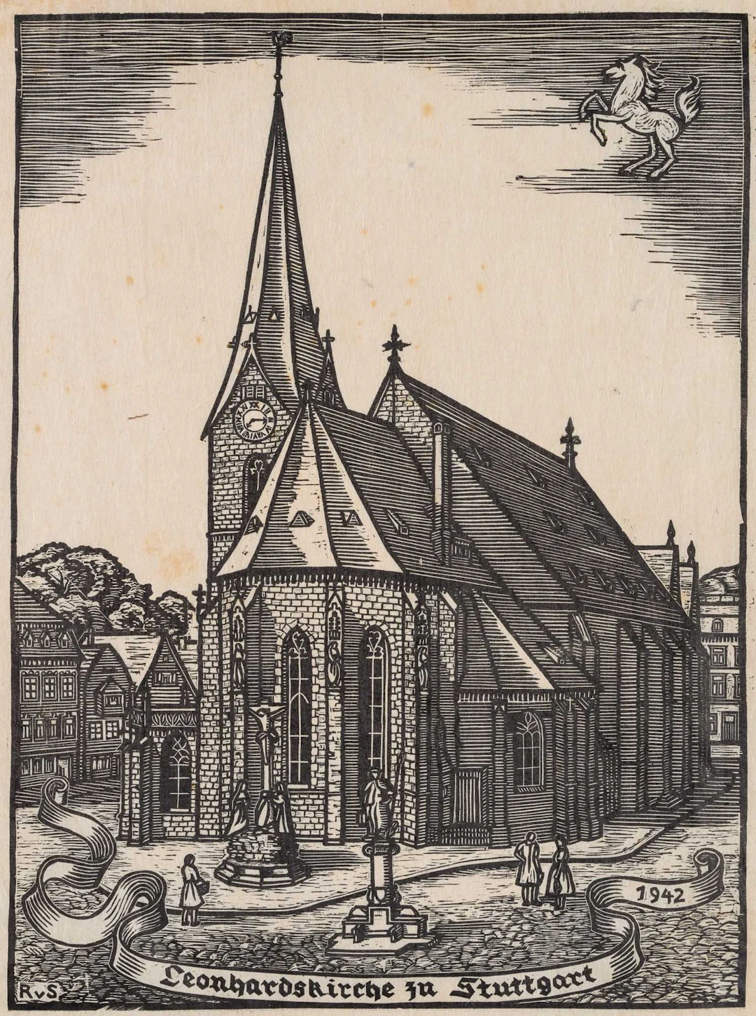 RVS (20th), St. Leonhard’s Church, Stuttgart, 1942, Woodcut Rvs (20th