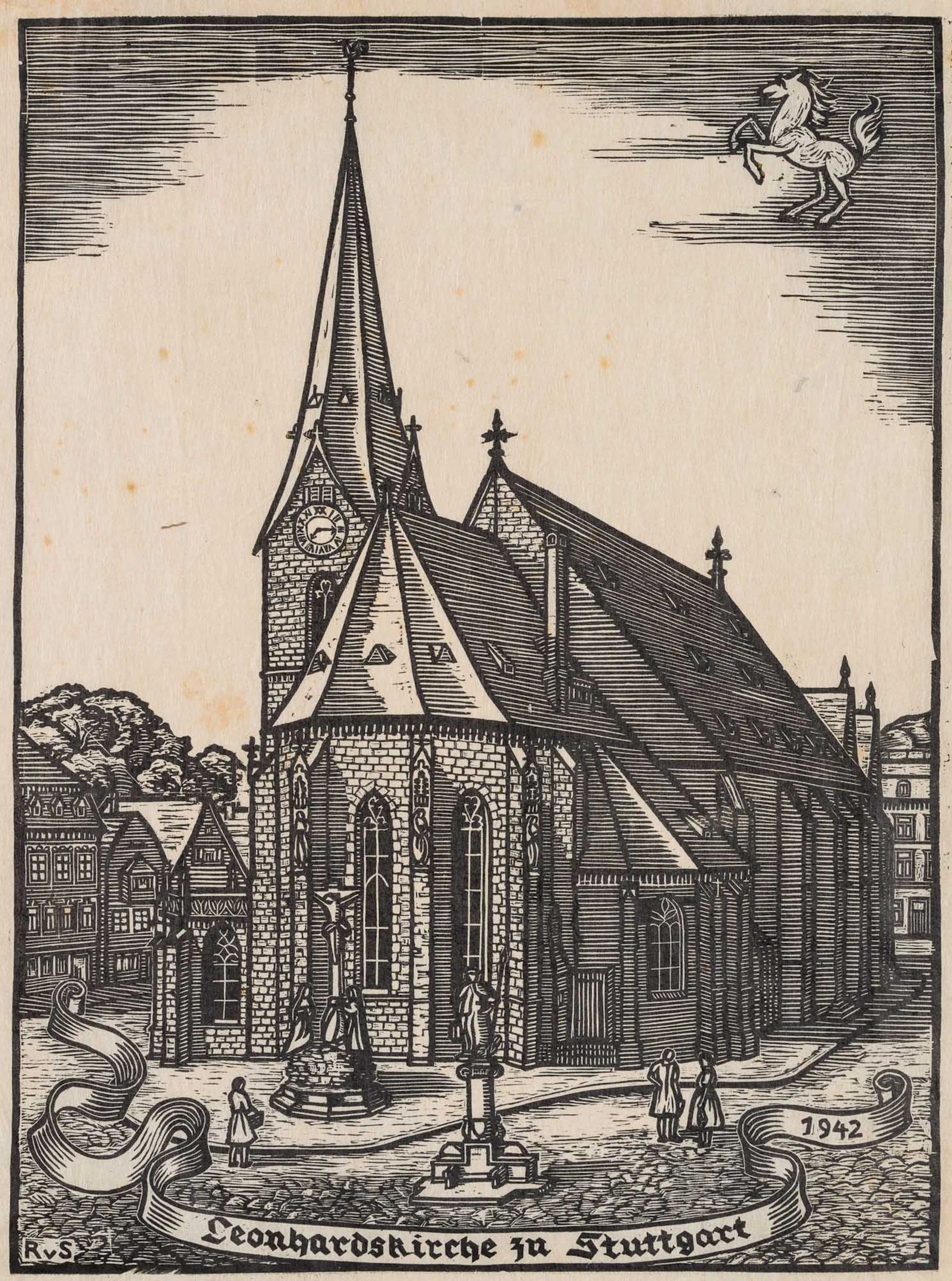 RVS (20th), St. Leonhard’s Church, Stuttgart, 1942, Woodcut Rvs (20th