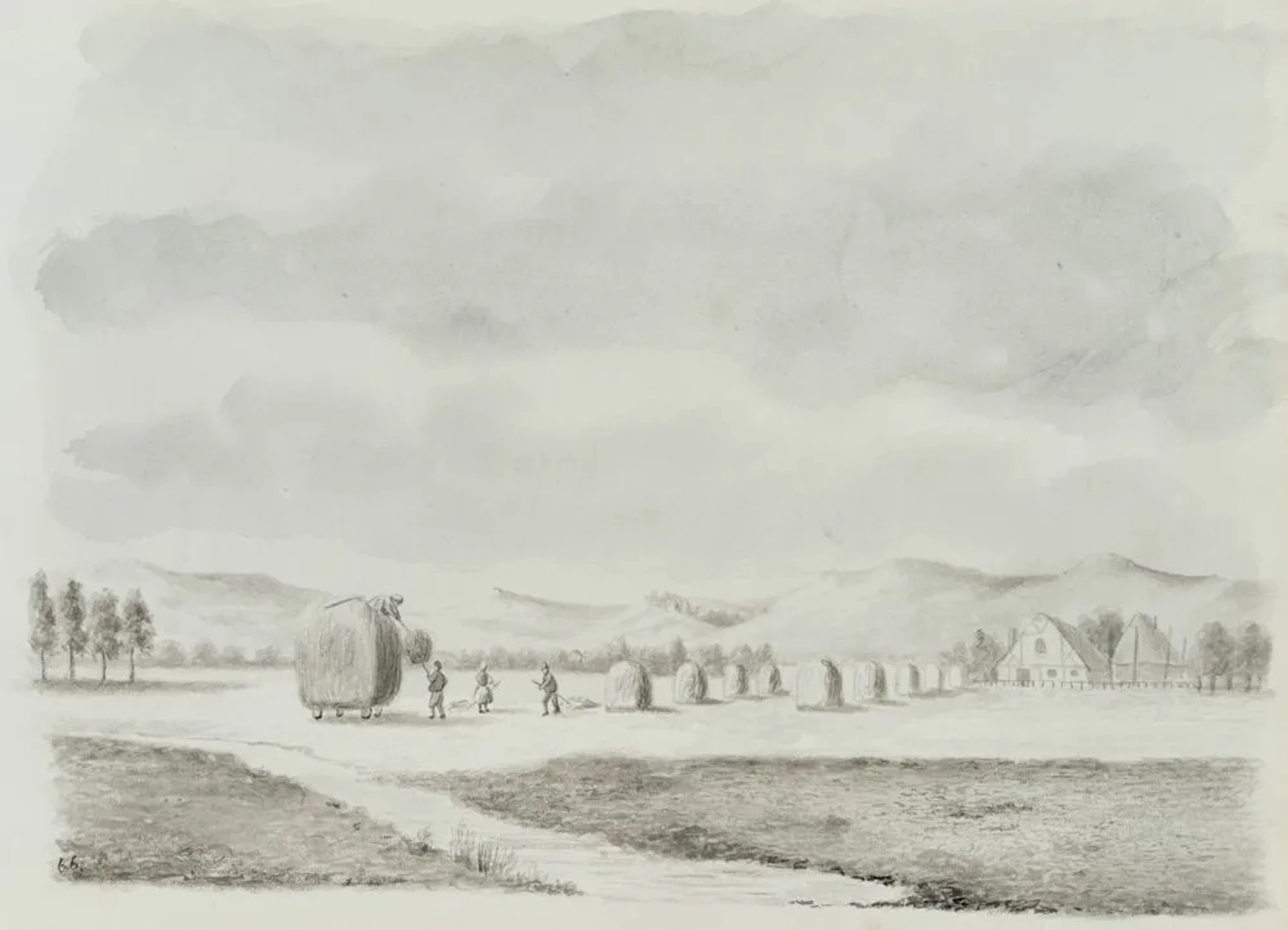 Unknown (19th), Farmers harvesting hay, Brush drawing Unknown (19th