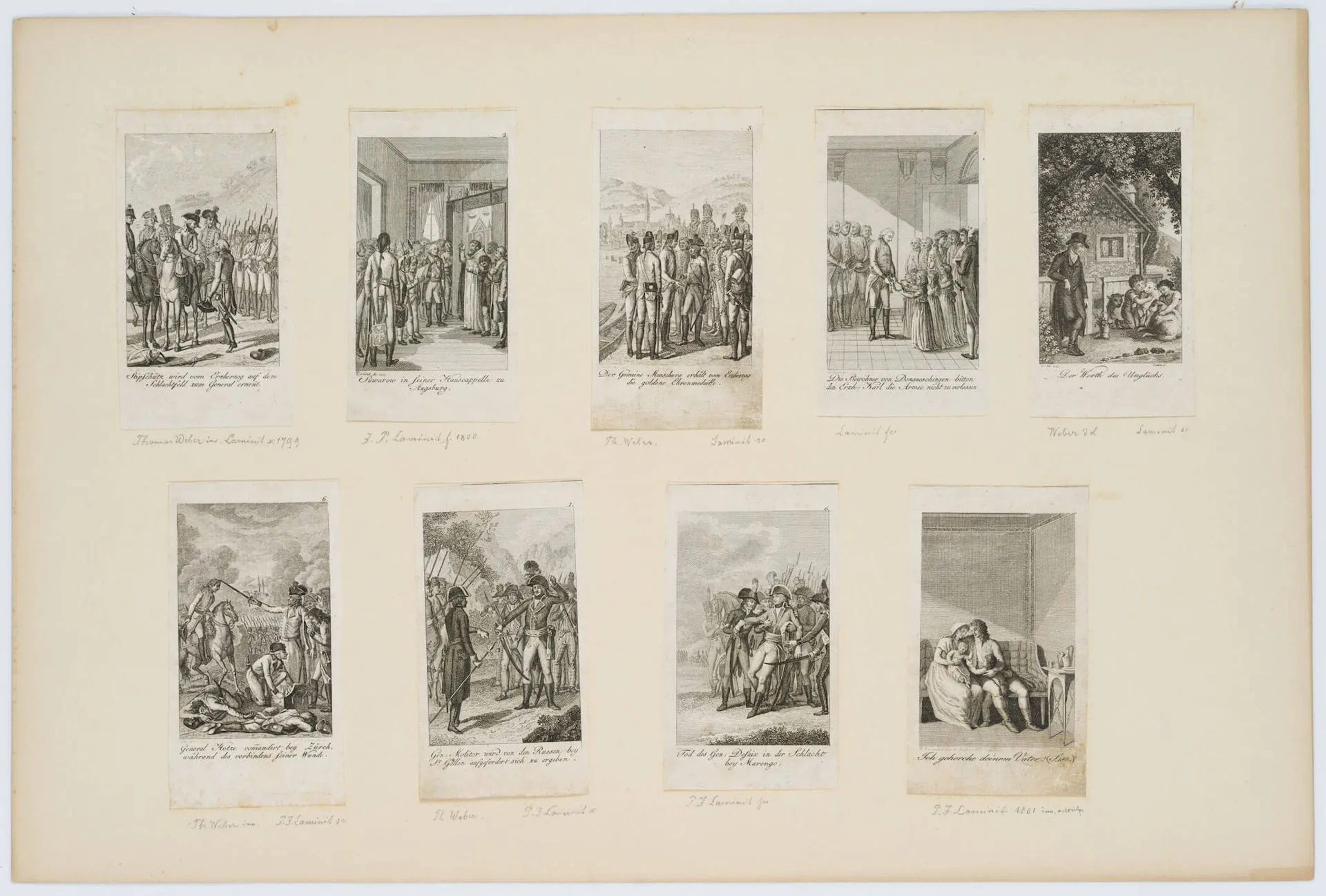P. LAMINIT (*1773) after WEBER (*1761), Sheet with 9 historical illustrations