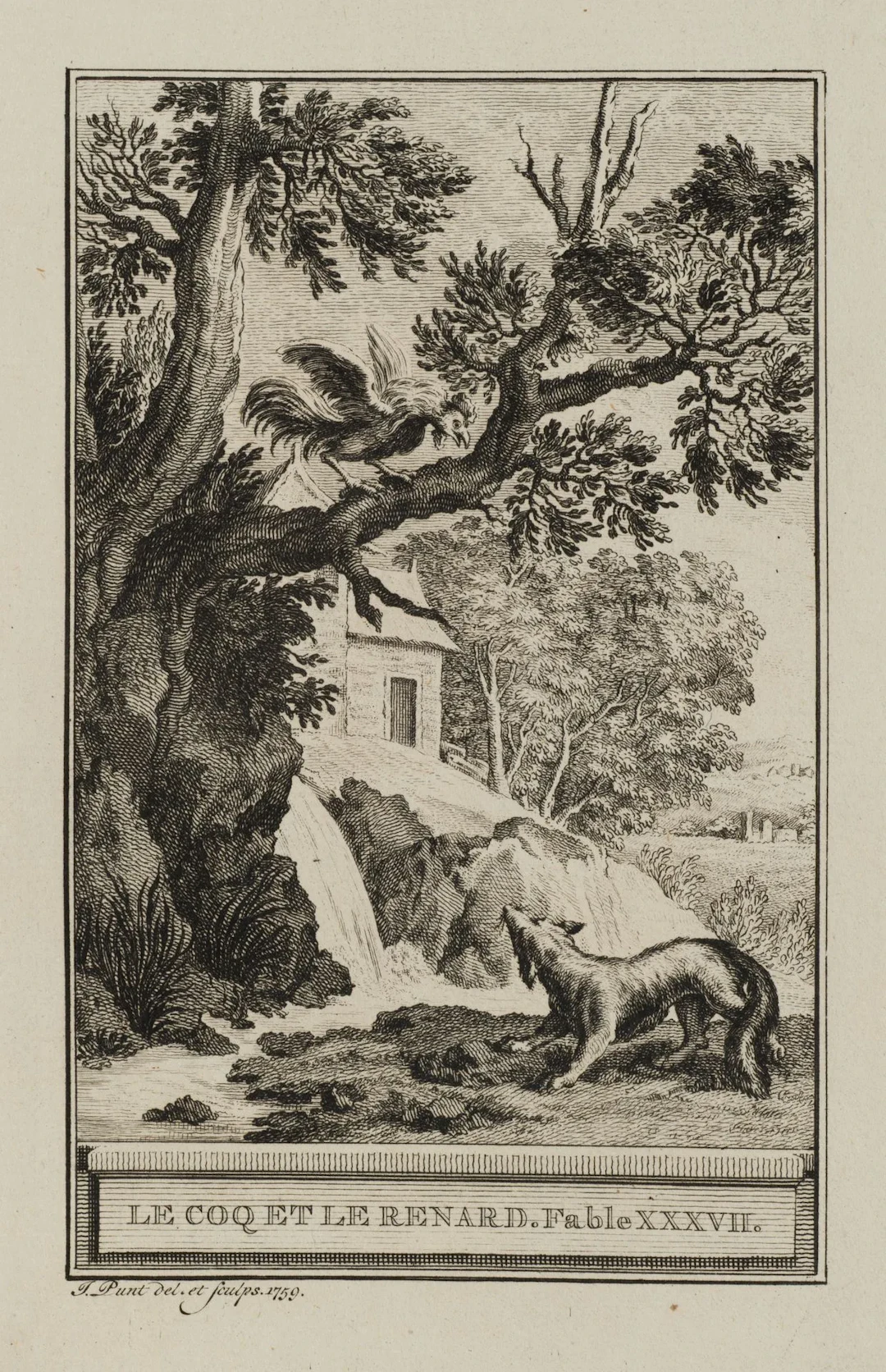 J. PUNT (1711–1779), A Cockerel and a Fox in a Landscape, 1759, Etching