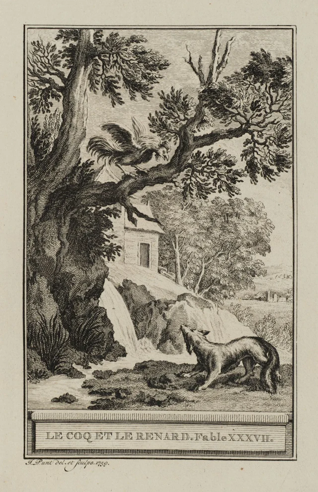 J. PUNT (1711–1779), A Cockerel and a Fox in a Landscape, 1759, Etching