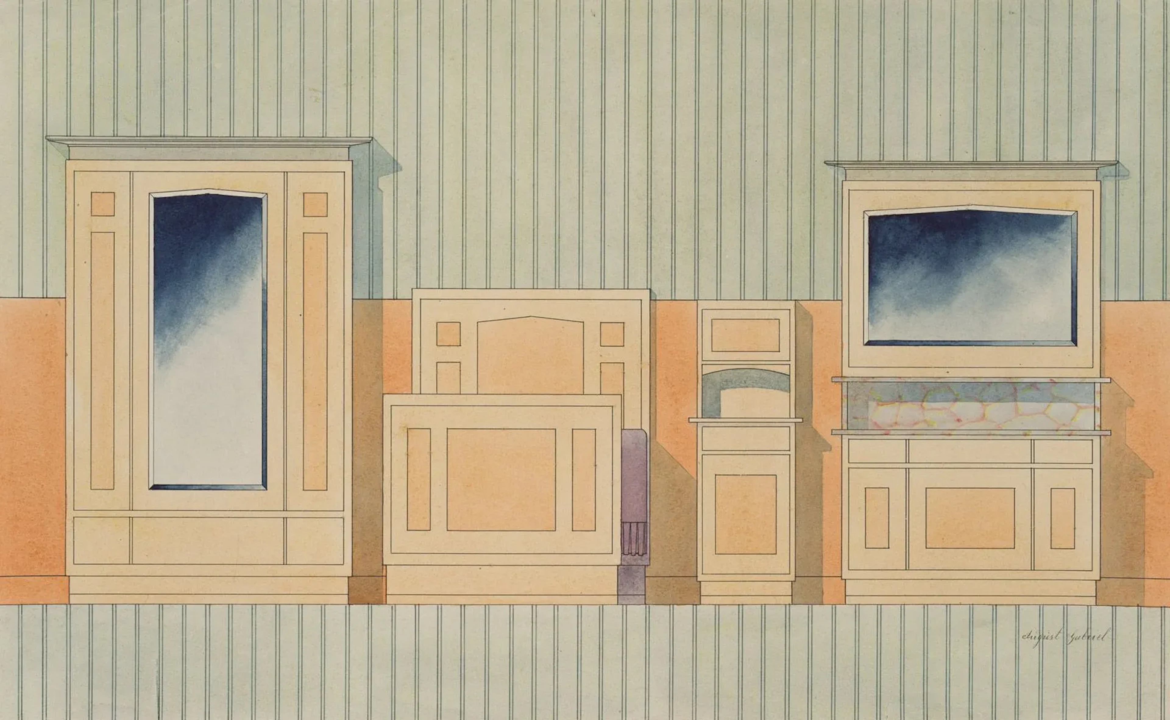 A. GABRIEL (20th), Bedroom furniture design, ar... | Watercolours: bids