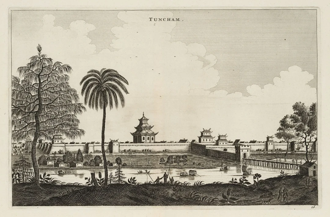 Unknown (17th), View of Tuncham from the river. China, Copper engraving