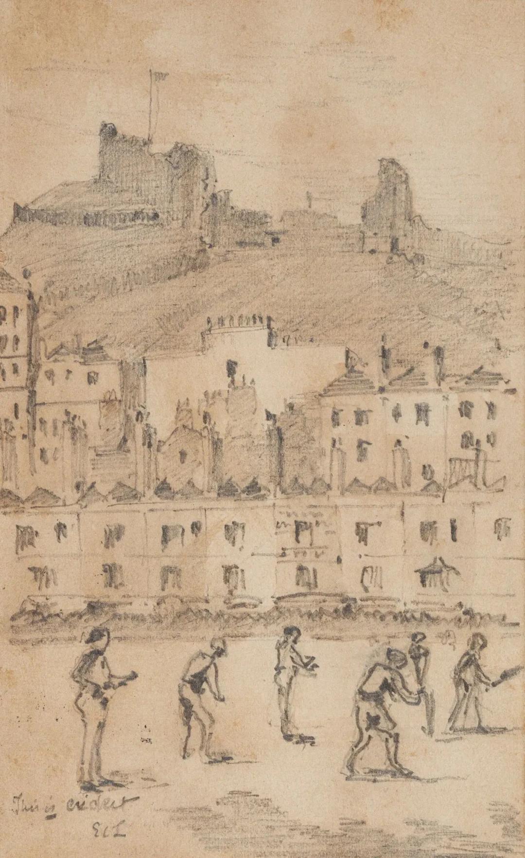 E. LEE (19th), Cricket in Front of a Castle in Kent, 1887, Pencil